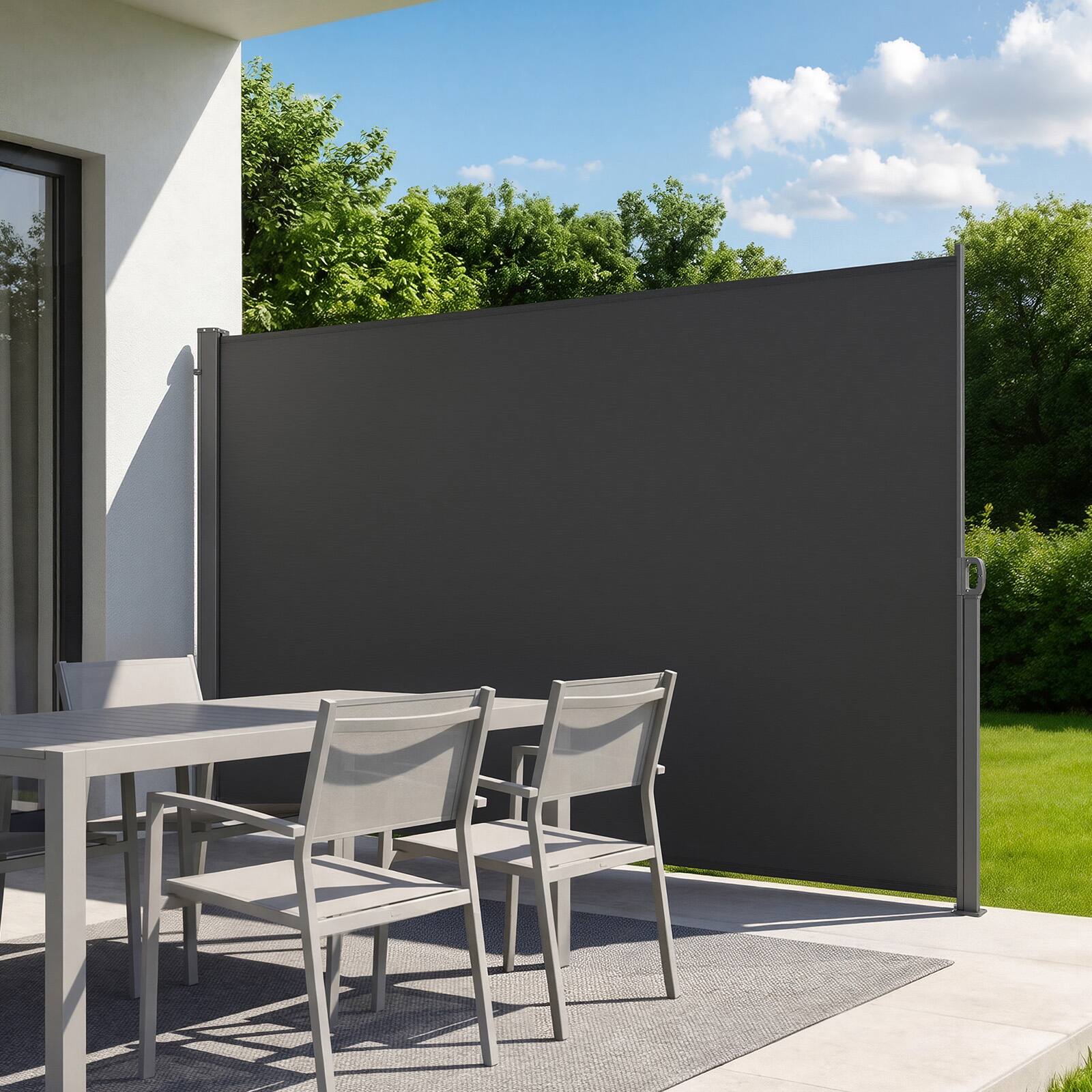 Front. VEVOR - Retractable Side Awning, 71" x 118" Patio Retractable Side Screen with 180 g/m² Polyester Fabric, Waterproof Sunshade - Gray.
