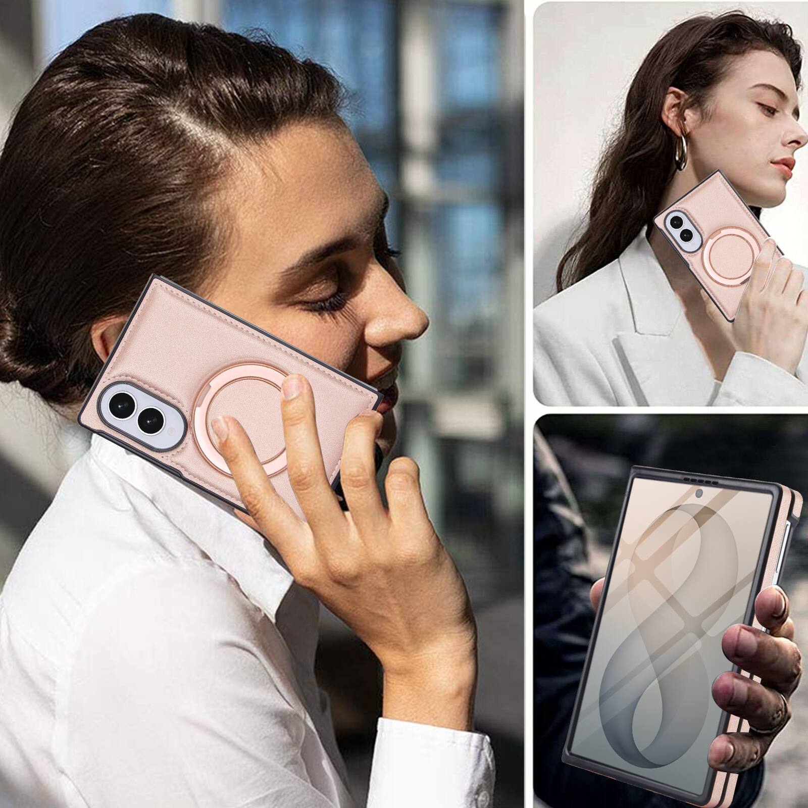 Alt View 3. Dteck - Shockproof Case for Samsung Galaxy Z Fold8 with Stand, Magnetic Leather Texture Rigid Plastic Cover Built in Screen Film - Rosegold.