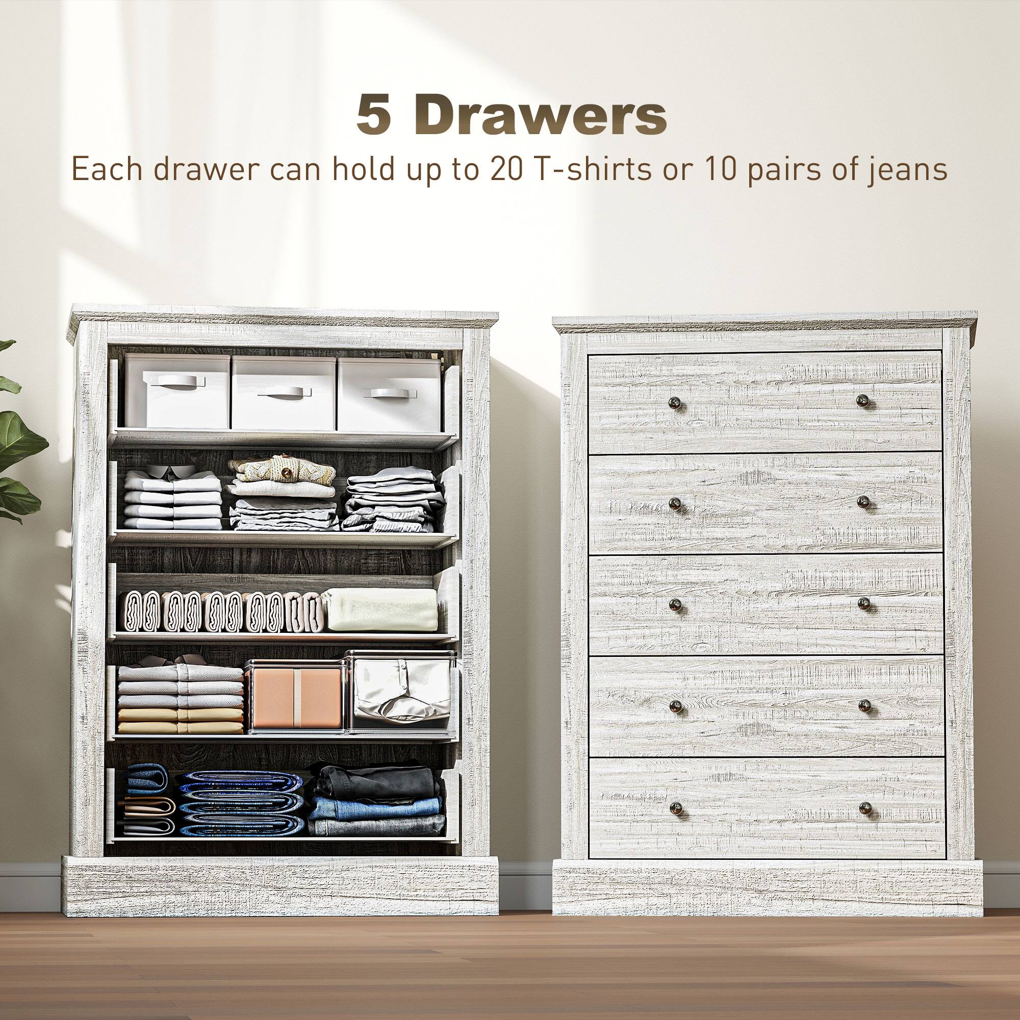 5 Drawers
Each drawer can hold up to 20 T-shirts or 10 pairs of jeans