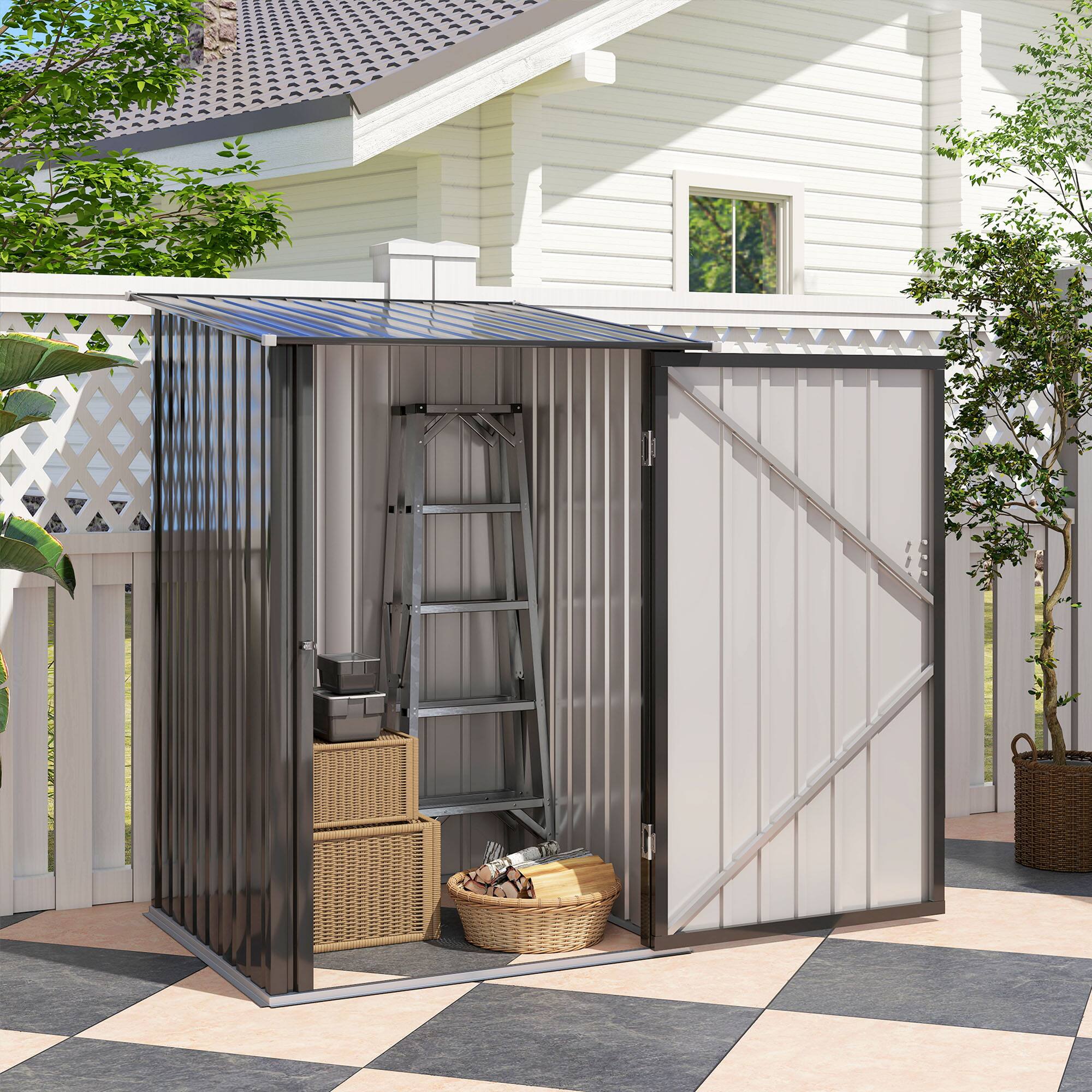 Alt View 4. Outsunny - Outsunny 3.3' x 3.4' Outdoor Storage Shed, Metal Garden Tool House with Sloping Roof and Lockable Door - Dark Gray.