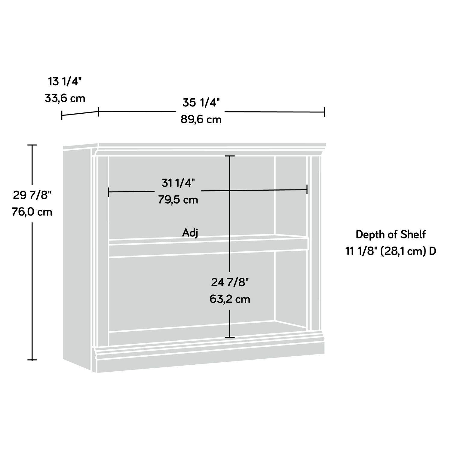13 1/4" 33,6 cm  
35 1/4" 89,6 cm  
29 7/8" 76,0 cm  
31 1/4" 79,5 cm  
Adj Depth of Shelf 11 1/8" (28,1 cm)  
D 24 7/8" 63,2 cm