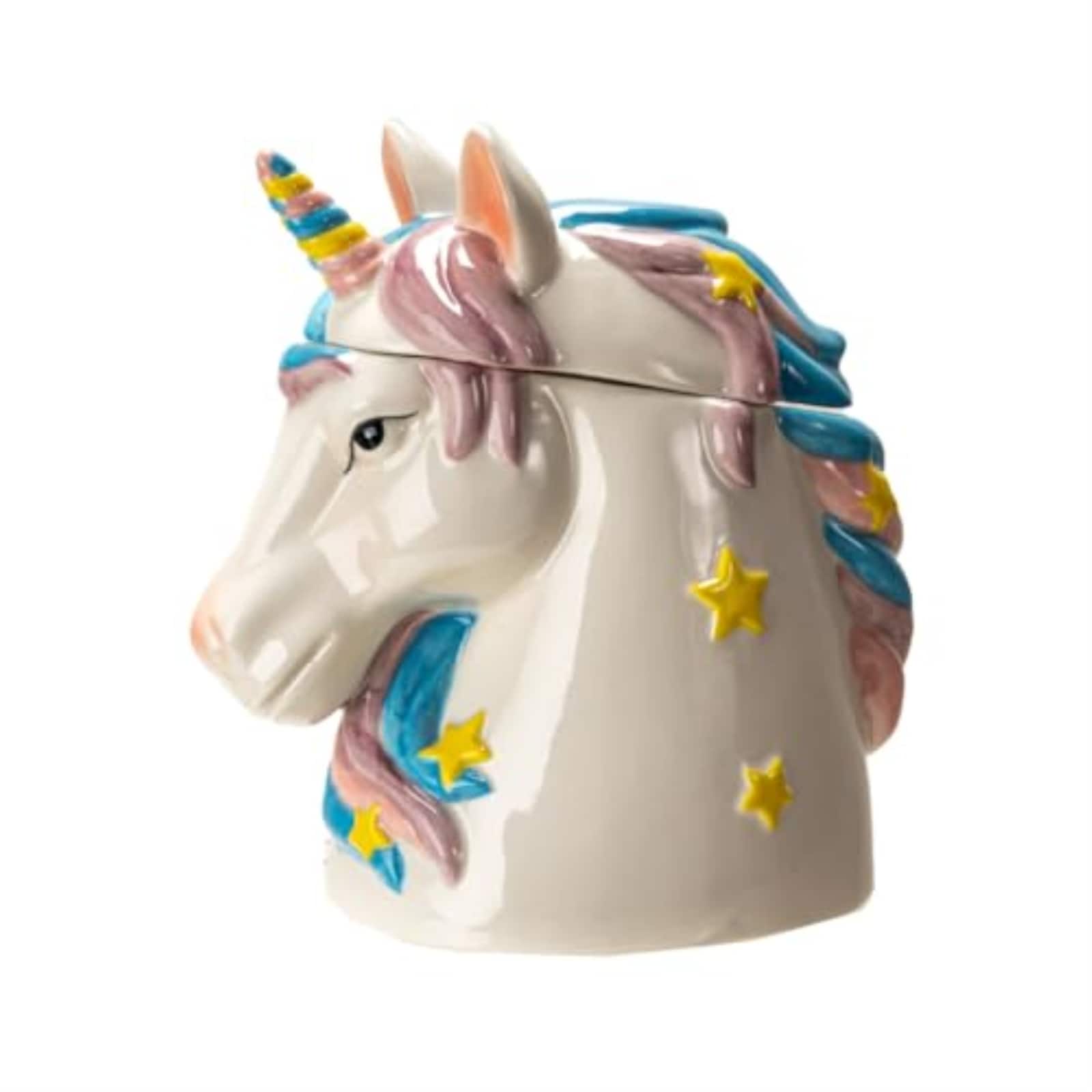 Pacific Trading - Magical Unicorn Ceramic Cookie Jar, with Pink and Blue Mane, Yellow Stars, Decorative Kitchen Storage Container - White