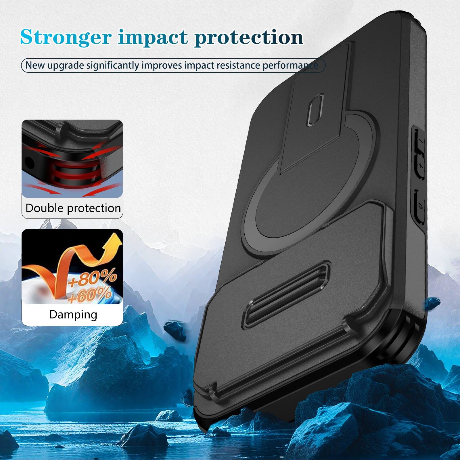Stronger impact protection  
New upgrade significantly improves impact resistance performance  
Double protection VM +60% +80% Damping