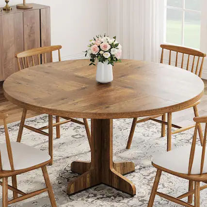 Front. MAGICAL RUBS - Round Dining Table For 4 47 Inches Room With Wooden Base Circle Kitchen Dinner Living (table Only) Black - Brown.