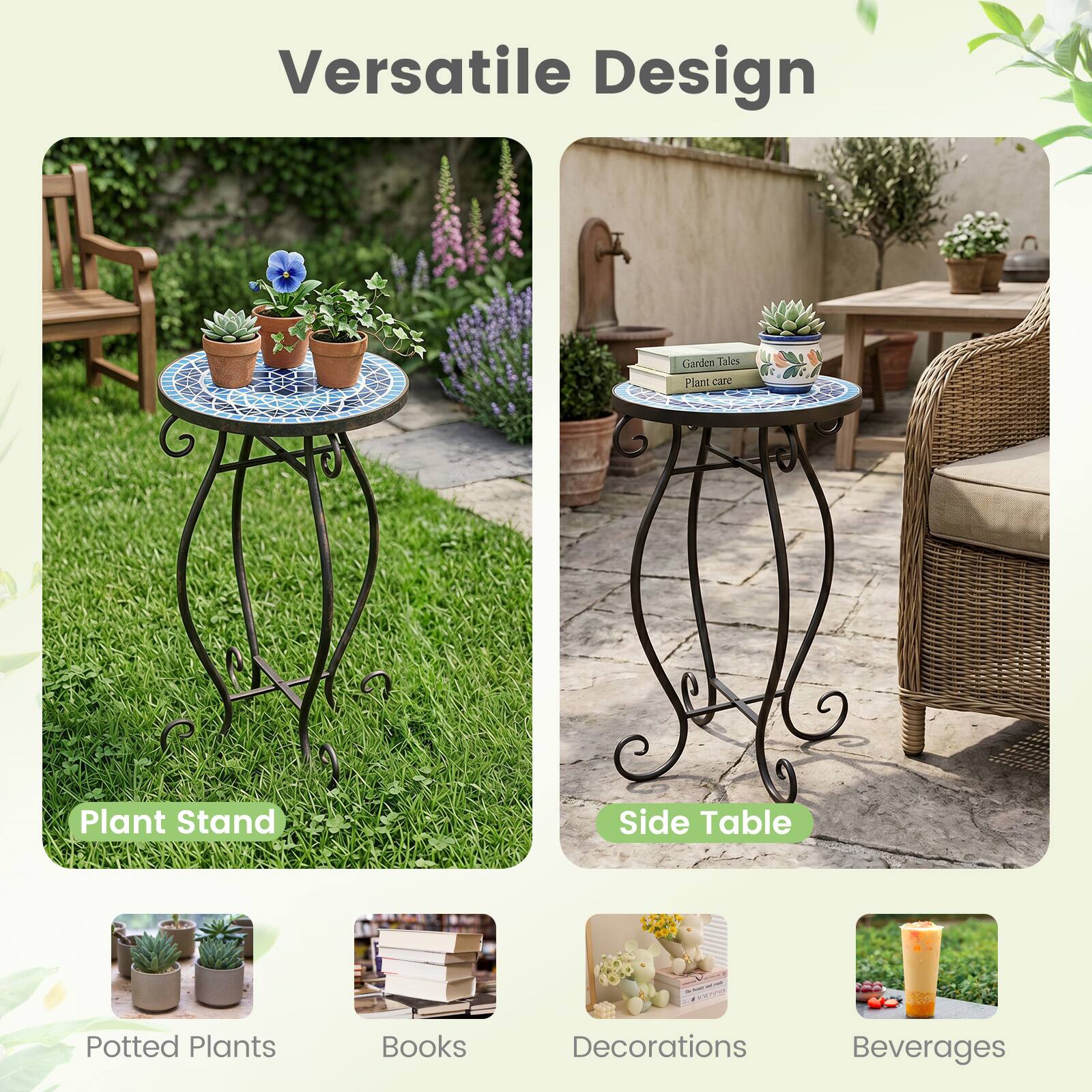 Versatile Design  
Garden Tales Plant care  
Plant Stand Side Table  
CO - Potted Plants Books Decorations Beverages