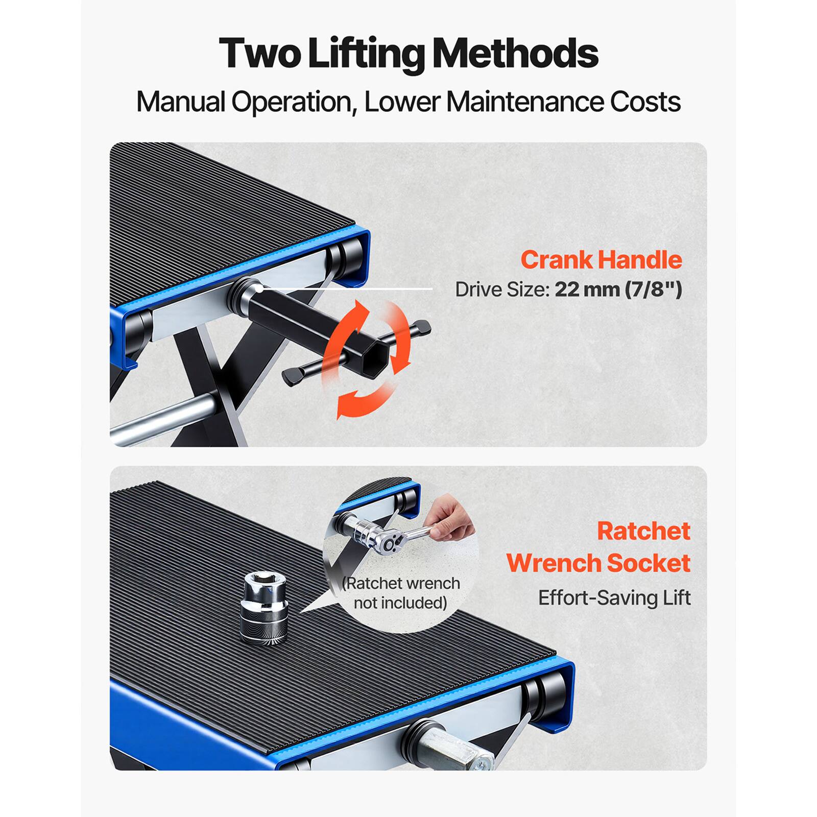 Two Lifting Methods  
Manual Operation, Lower Maintenance Costs  

Crank Handle  
Drive Size: 22 mm (7/8")  

Ratchet Wrench Socket  
Effort-Saving Lift  
(Ratchet wrench not included)