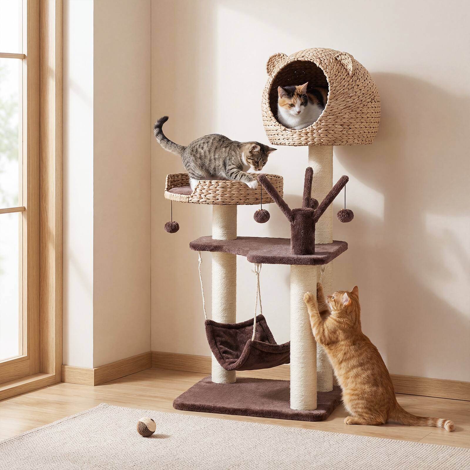 Alt View 3. Costway - Costway Modern Cat Tree Tower with Natural Sisal Scratching Posts Hammock Balls for Kittens - Brown.