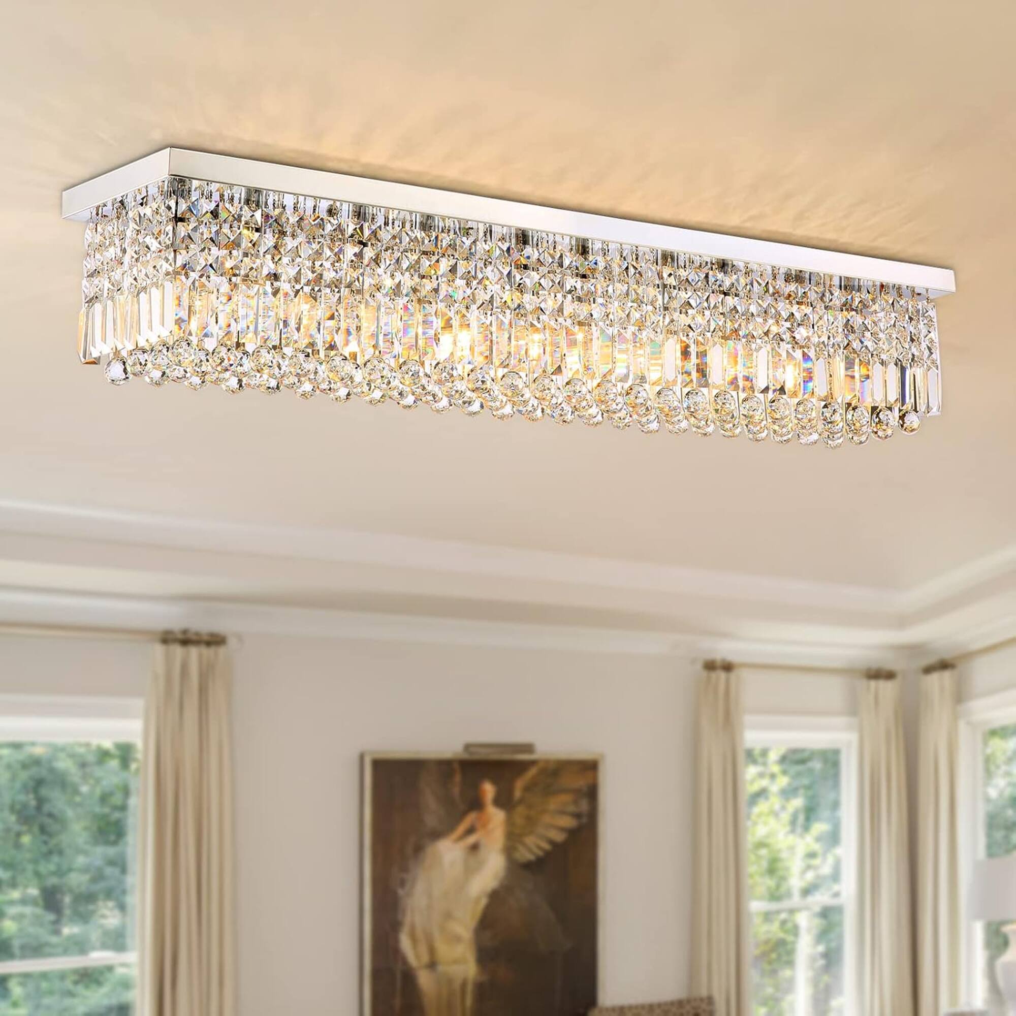 "Siljoy - 47.2"" 10-Light K9 Crystal Linear Chandelier, Dimmable E12 Flush Mount Ceiling Light for Dining Living Room - Chrome" price history on PriceWatchPro