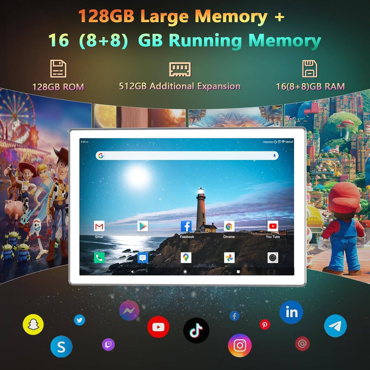 128GB Large Memory +  
16 (8+8) GB Running Memory  
128GB ROM  
512GB Additional Expansion  
16(8+8)GB RAM  

Sal 103S 100L G M Gma f Facebook Chrome You Tube f P in S