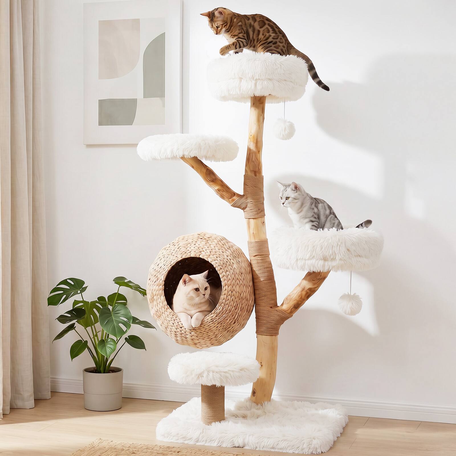 Alt View 1. Gymax - Gymax 5-Tier Cat Tree 53'' Wooden Cat Tower w/Woven Cat Condo Plush Perches for Indoor White.