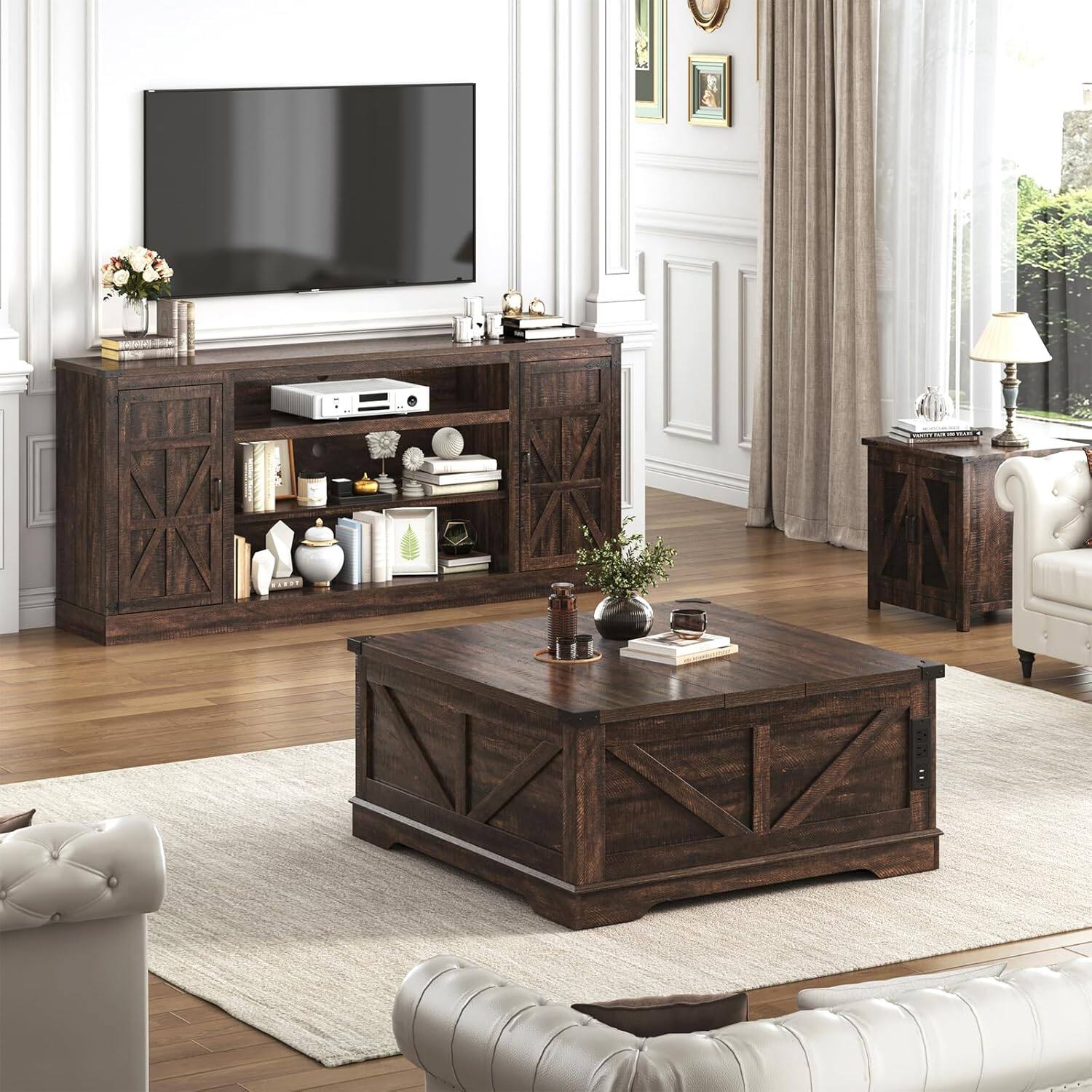 Angle. Espafurni - 75" Farmhouse TV Stand w/Power Outlet, 33"H, Adjustable Shelves & Storage – Fits 85" TV - Brown.