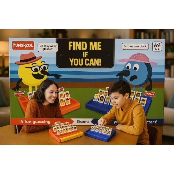 FUNSKOL  
Do they wear glasses?  
FIND ME IF YOU CAN!  
Do they have black  
6+  
A fun guessing Game  
y cters!