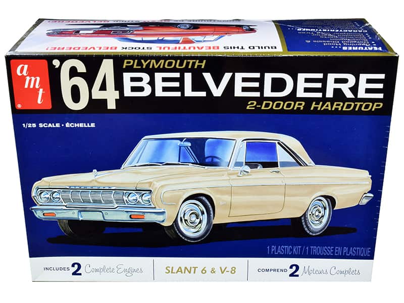 Sure, here is the corrected and grouped text from the image:

---

**Plymouth '64 Belvedere 2-Door Hardtop**

**1/25 Scale - Échelle**

**Includes 2 Complete Engines: Slant 6 & V-8**

**Plastic Kit / 1 Trousse en Plastique**

**Comprend 2 Moteurs Complets**

---

**AMT**