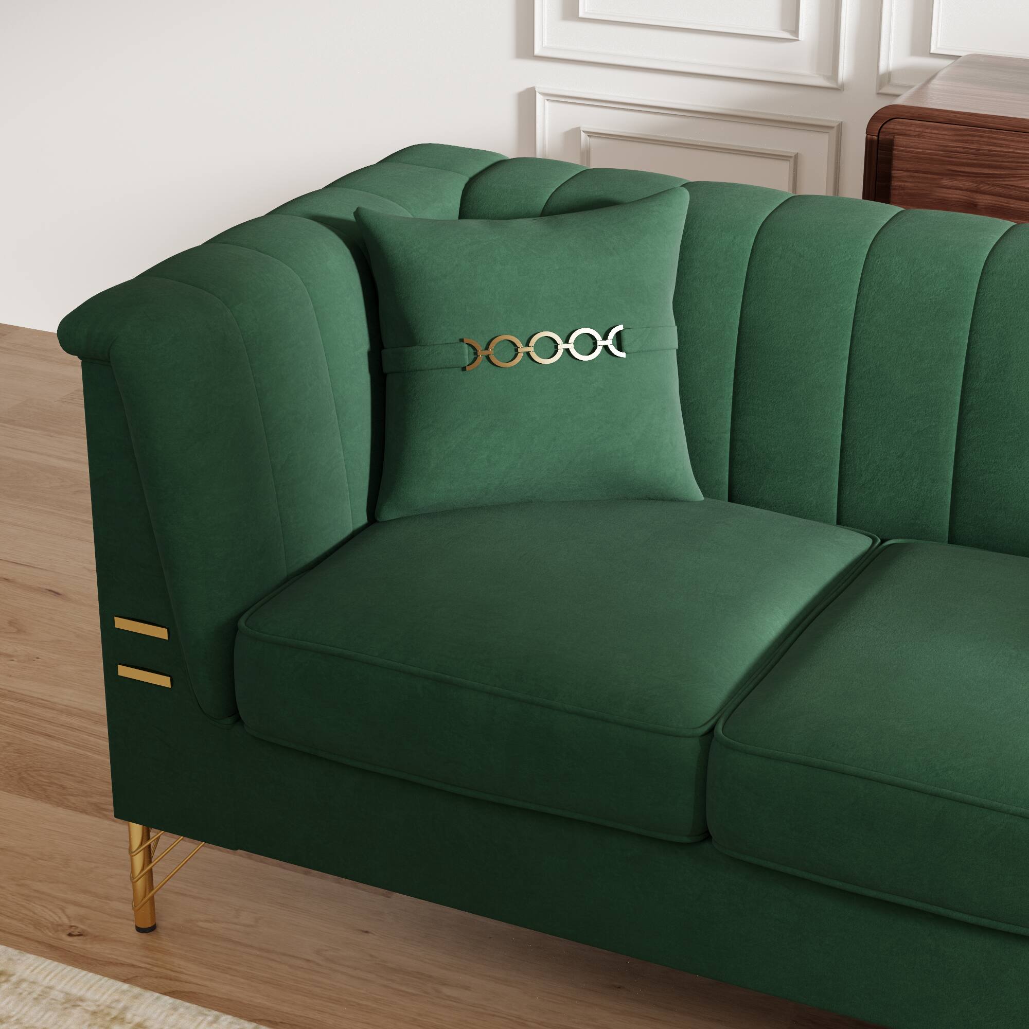 Angle. Anysun - 82.7" Beige Velvet 3-Seat Chesterfield Sofa with 2 Pillows for Living Room - Green.