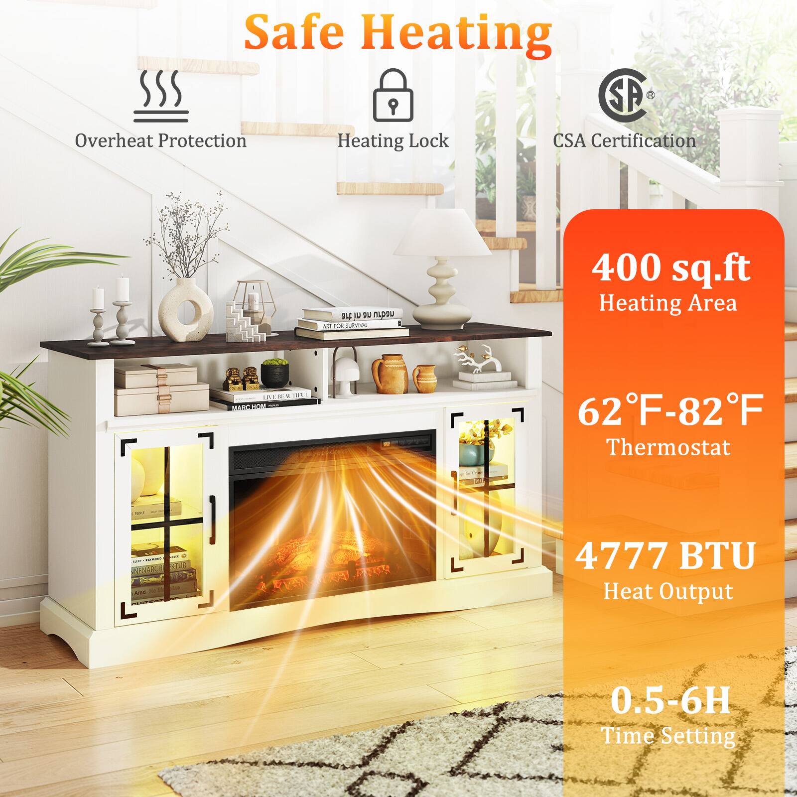 Safe Heating, SP & Overheat Protection, Heating Lock, CSA Certification, 400 sq.ft Heating Area, 62°F-82°F Thermostat, 4777 BTU Heat Output, 0.5-6H Time Setting.