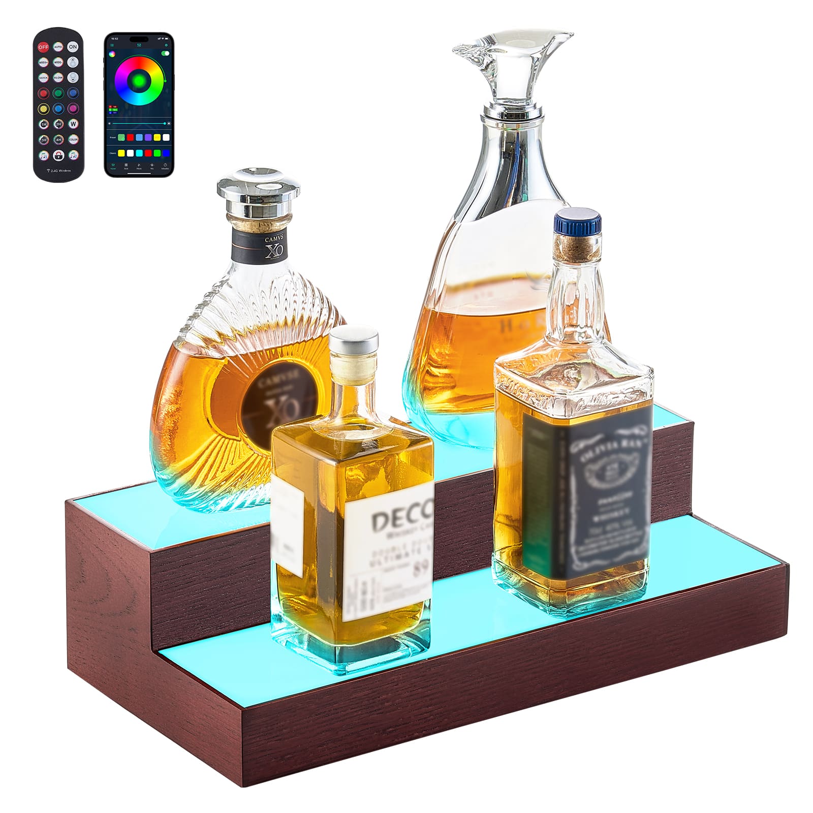 VEVOR - LED Lighted Liquor Bottle Display, 2-Tier 16 Inch Whiskey Rack, Supports USB, Illuminated Home Bar Shelf with RF Remote - White + brown
