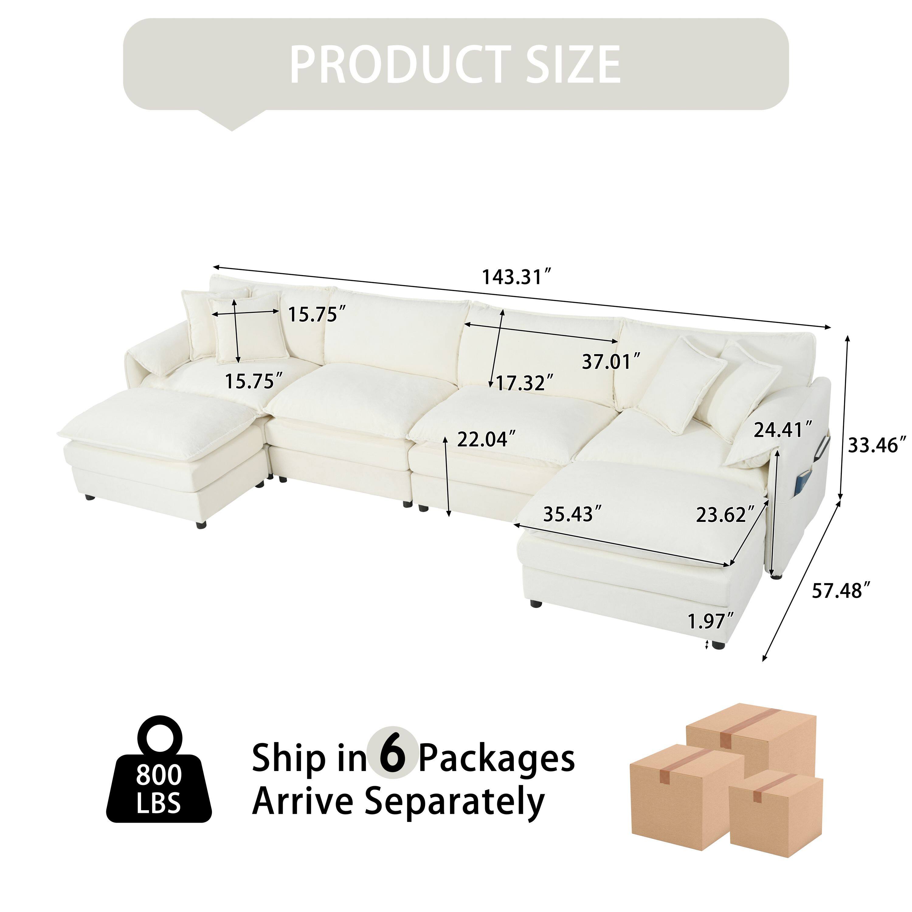 PRODUCT SIZE  
143.31" 15.75" 15.75" 37.01" 17.32" 22.04" 24.41" 33.46" 35.43" 23.62" 1.97" 57.48"  
800 LBS  
Ship in 6 Packages  
Arrive Separately