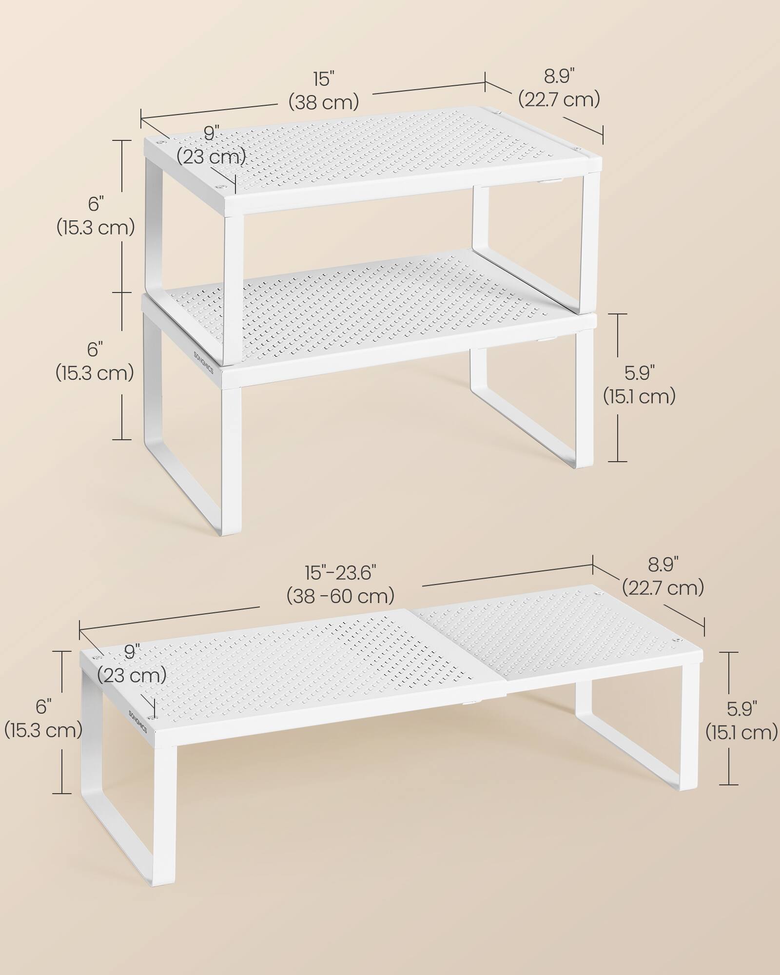 T 6" (15.3 cm)  
9" (23 cm)  
15" (38 cm)  
8.9" (22.7 cm)  
6" (15.3 cm)  
5.9" (15.1 cm)  
15"-23.6" (38-60 cm)  
8.9" (22.7 cm)  
9" (23 cm)  
6" (15.3 cm)  
5.9" (15.1 cm)