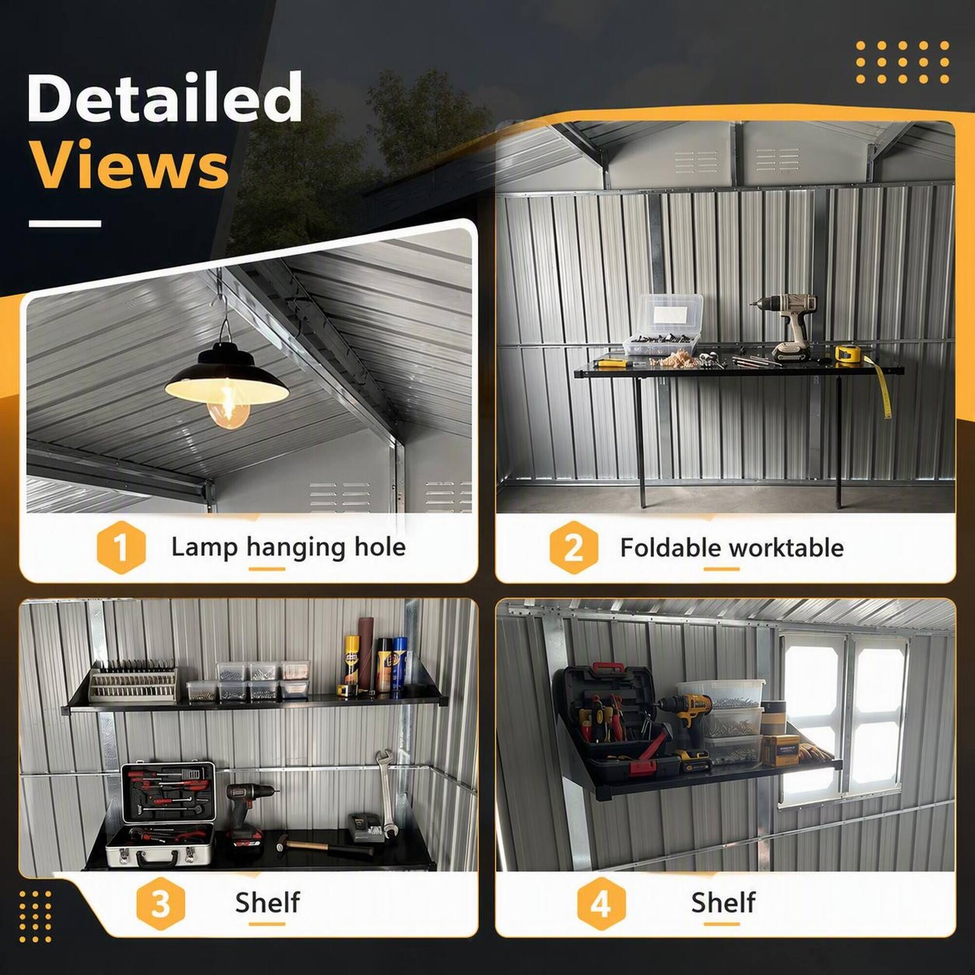 Detailed Views

1. Lamp hanging hole
2. Foldable worktable
3. Shelf
4. Shelf