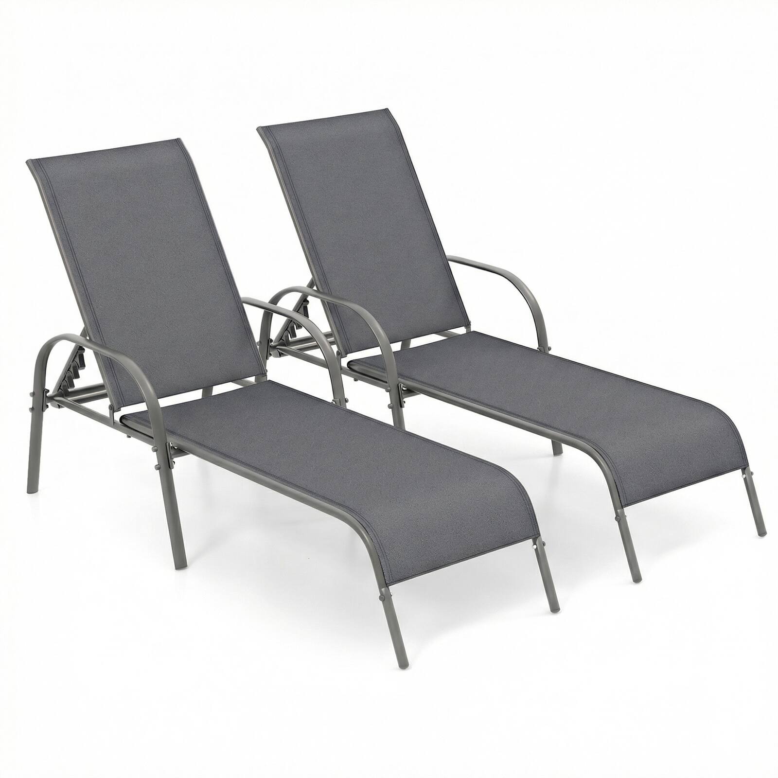 Front. Costway - Costway 2PCS Patio Lounge Chair Chaise with Adjustable Reclining Armrest - Gray.