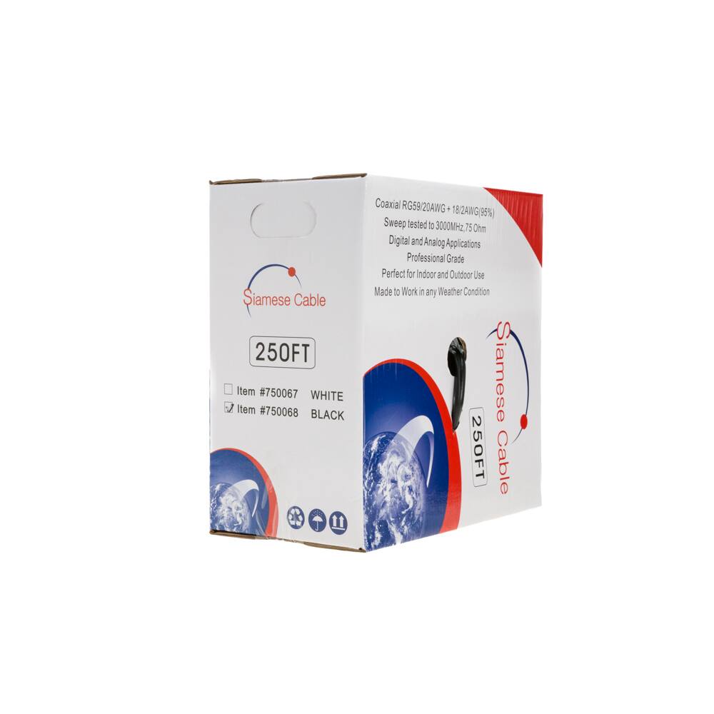Siamese Cable 250FT  
Item #750067 WHITE  
Item #750068 BLACK  
11 Coaxial RG59/20AWG 18/2AWG(95%)  
Sweep tested to 3000MHZ 75 Ohm  
Digital and Analog Applications  
Professional Grade  
Perfect for Indoor and Outdoor Use  
Made to Work in any Weather Condition  
Siamese 250FT Cable