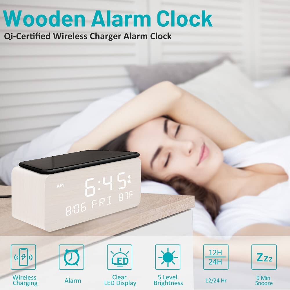 Wooden Alarm Clock  
Qi-Certified Wireless Charger Alarm Clock  

- AM 6:45: 87F 8/06 FRI () (4)  
- J LED 12H 24H  
- Zzz Wireless Charging Alarm  
- Clear LED Display  
- 5 Level Brightness  
- 12/24 Hr  
- 9 Min Snooze