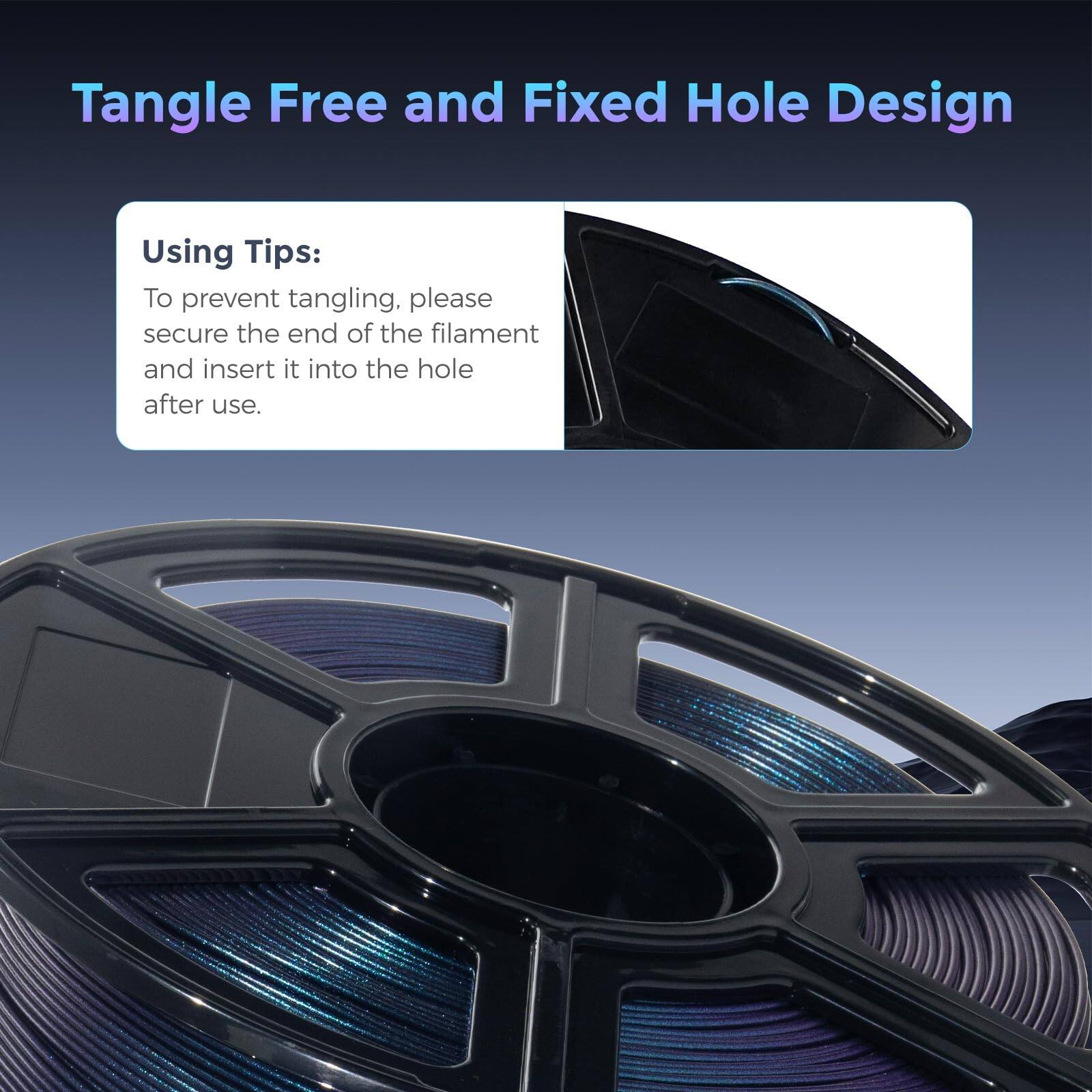 Tangle Free and Fixed Hole Design

Using Tips:
To prevent tangling, please secure the end of the filament and insert it into the hole after use.