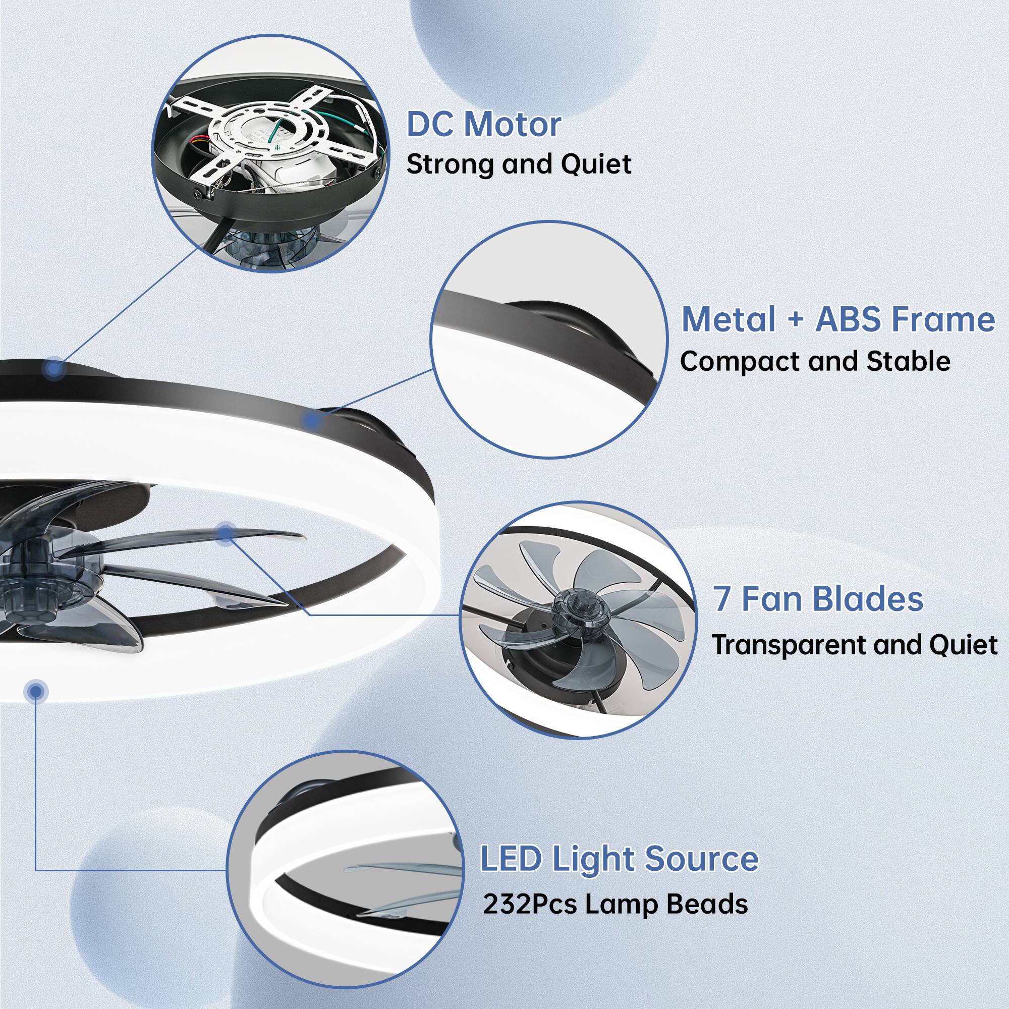DC Motor  
Strong and Quiet  

Metal + ABS Frame  
Compact and Stable  

7 Fan Blades  
Transparent and Quiet  

LED Light Source  
232Pcs Lamp Beads