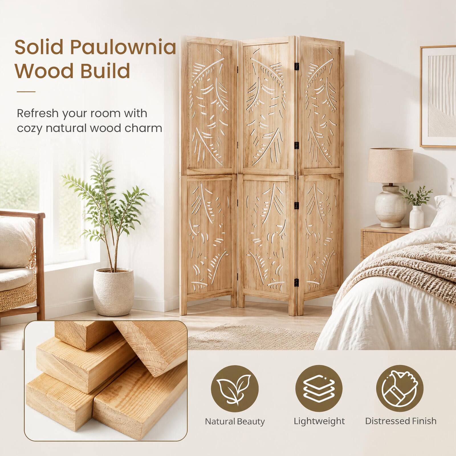 Solid Paulownia Wood Build

Refresh your room with cozy natural wood charm

Natural Beauty
Lightweight
Distressed Finish