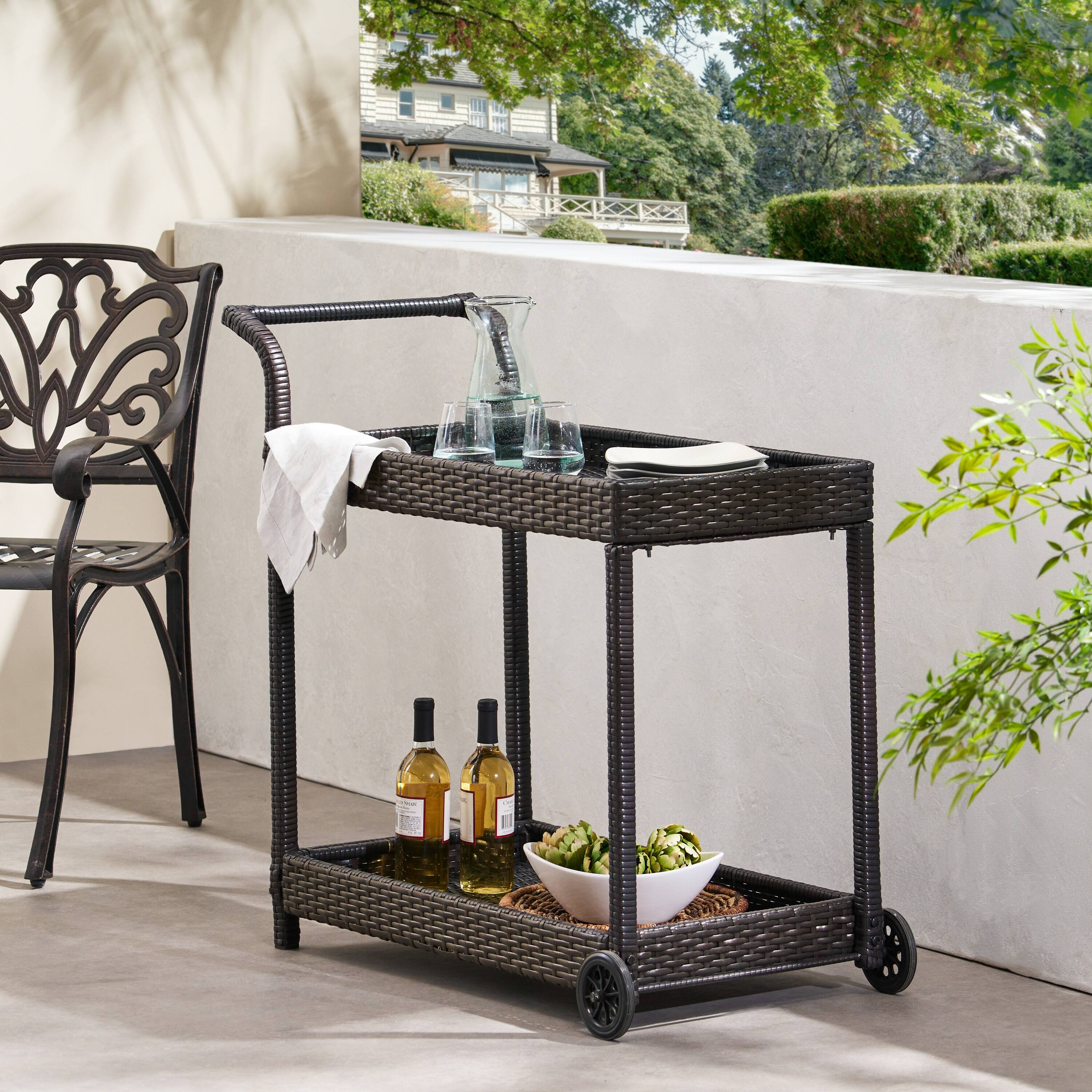 Back. APRILSOUL - Wicker Rolling Bar Cart 38 Wide Mobile Outdoor Indoor Serving Trolley Storage - Brown.