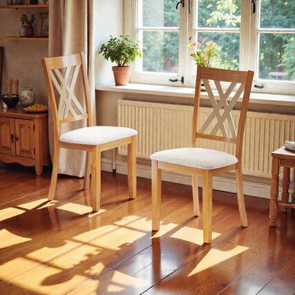 Front. Hivvago - Elegant Linen-Upholstered Dining Chairs with Durable Rubberwood Construction - Set of 2 - Natural.