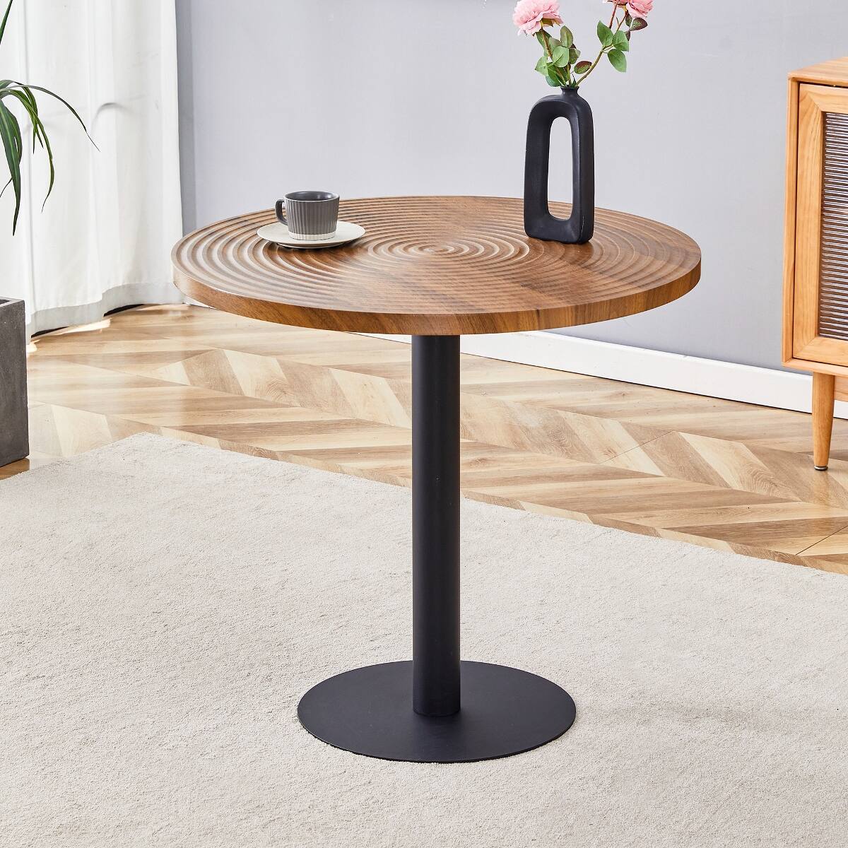 Loheer 31.5 Inch Round Dining Table with Dark Wood Grain Top and Black ...