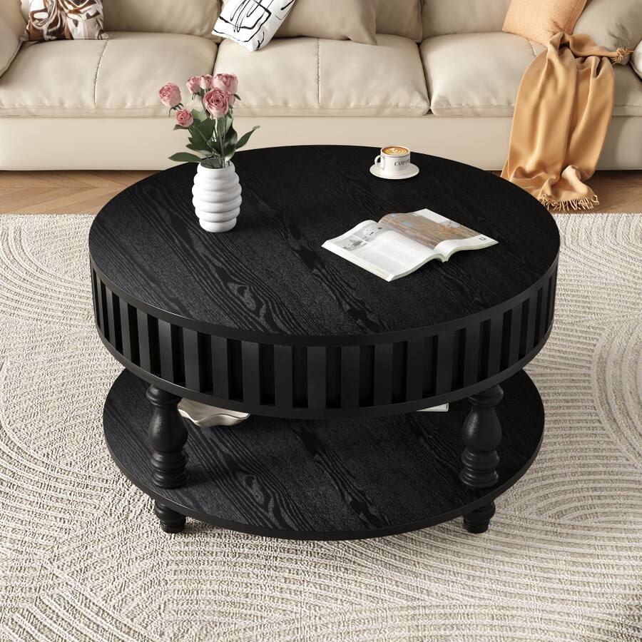 Wood Rounded Structures Loheer Fluted Coffee Table, Round Center Table with Storage, Solid Wood ...