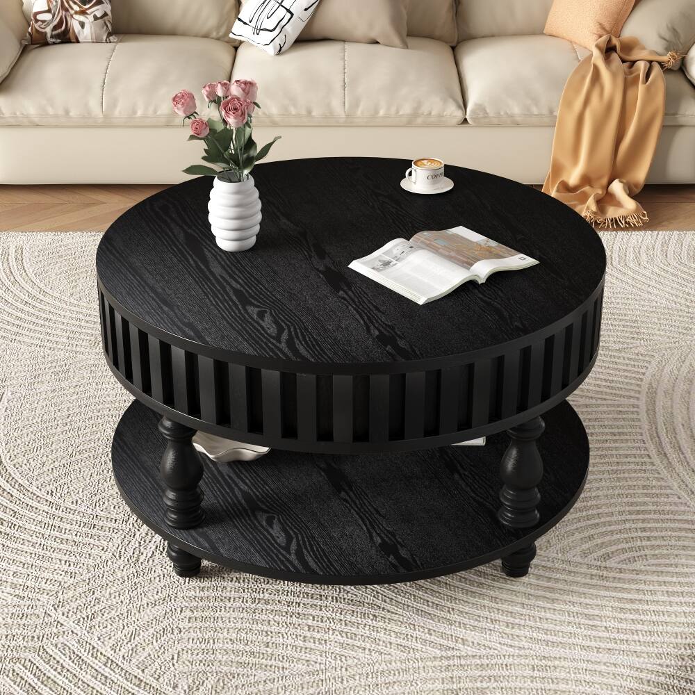 Loheer Fluted Coffee Table, Round Center Table with Storage, Solid Wood ...