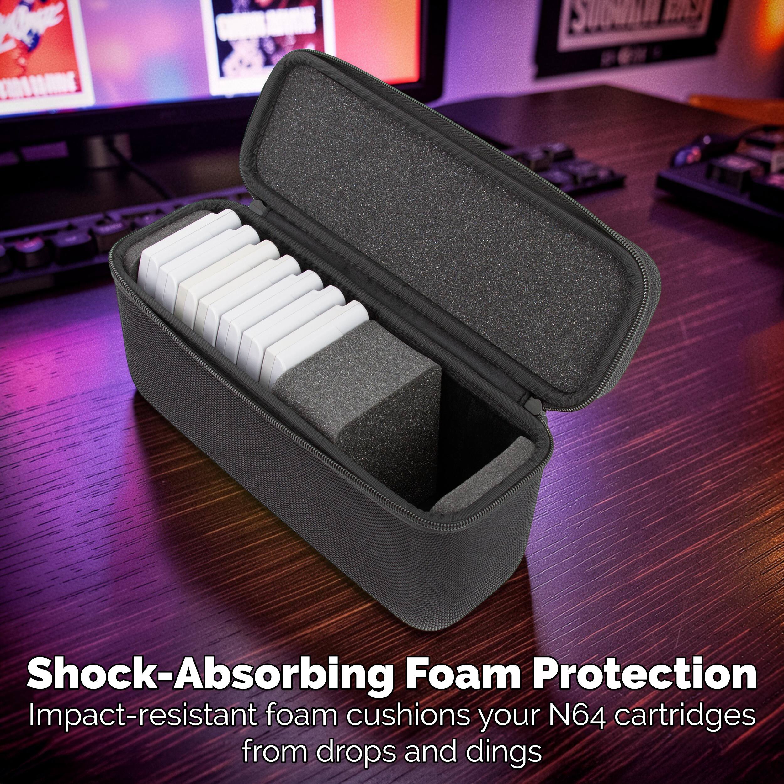 Shock-Absorbing Foam Protection  
Impact-resistant foam cushions your N64 cartridges from drops and dings