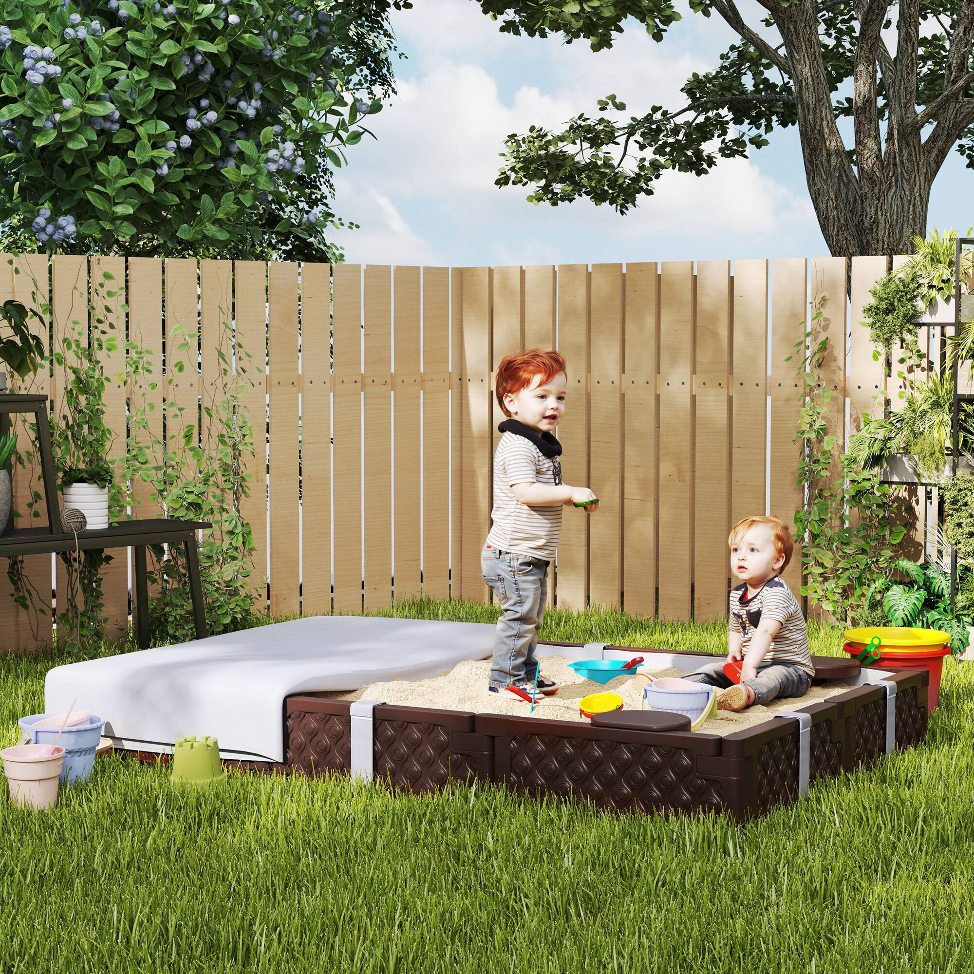 Alt View 5. Qaba - Kids Sandbox with Cover, Rectangular 73" Sand Pit, 4 Seats, Weather Resistant, Backyard, Lawn, Garden, Beach, Patio.