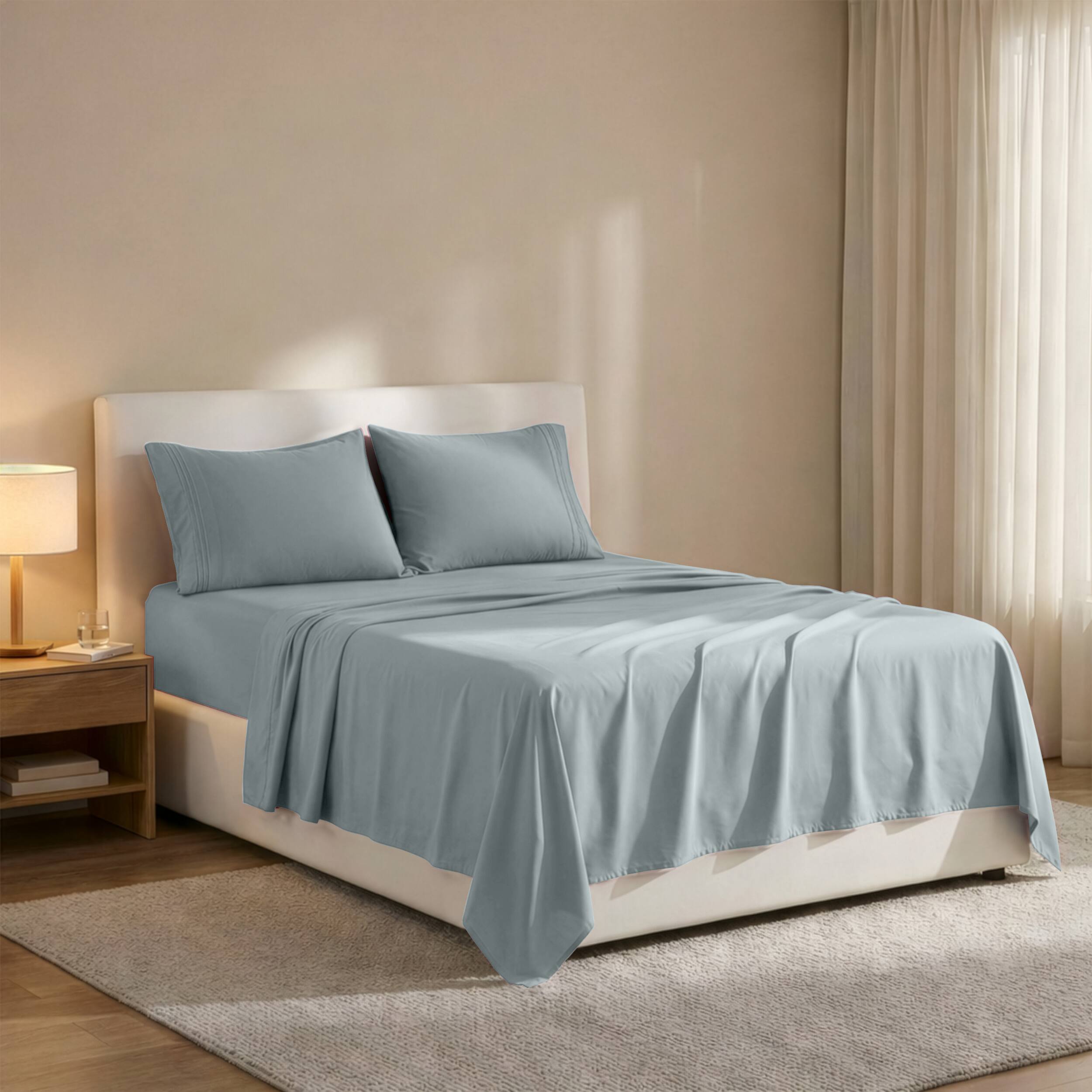 Angle. Lux Decor Collection - 4-Piece King Bed Sheet Set, Ultra Soft Microfiber, Deep Pocket, Wrinkle-Resistant, Hypoallergenic, All-Season Comfort - Light Gray.