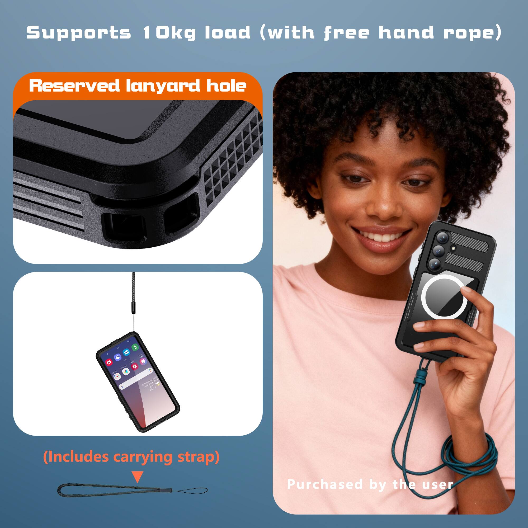 Supports 10kg load (with free hand rope)  
Reserved lanyard hole  
(Includes carrying strap)  
Purchased by the user