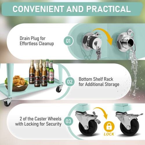 CONVENIENT AND PRACTICAL

01 Drain Plug for Effortless Cleanup

02 Bottom Shelf Rack for Additional Storage

03 2 of the Caster Wheels with Locking for Security