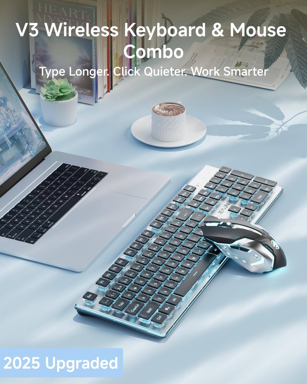 V3 Wireless Keyboard & Mouse Combo  
Type Longer. Click Quieter. Work Smarter  

2025 Upgraded