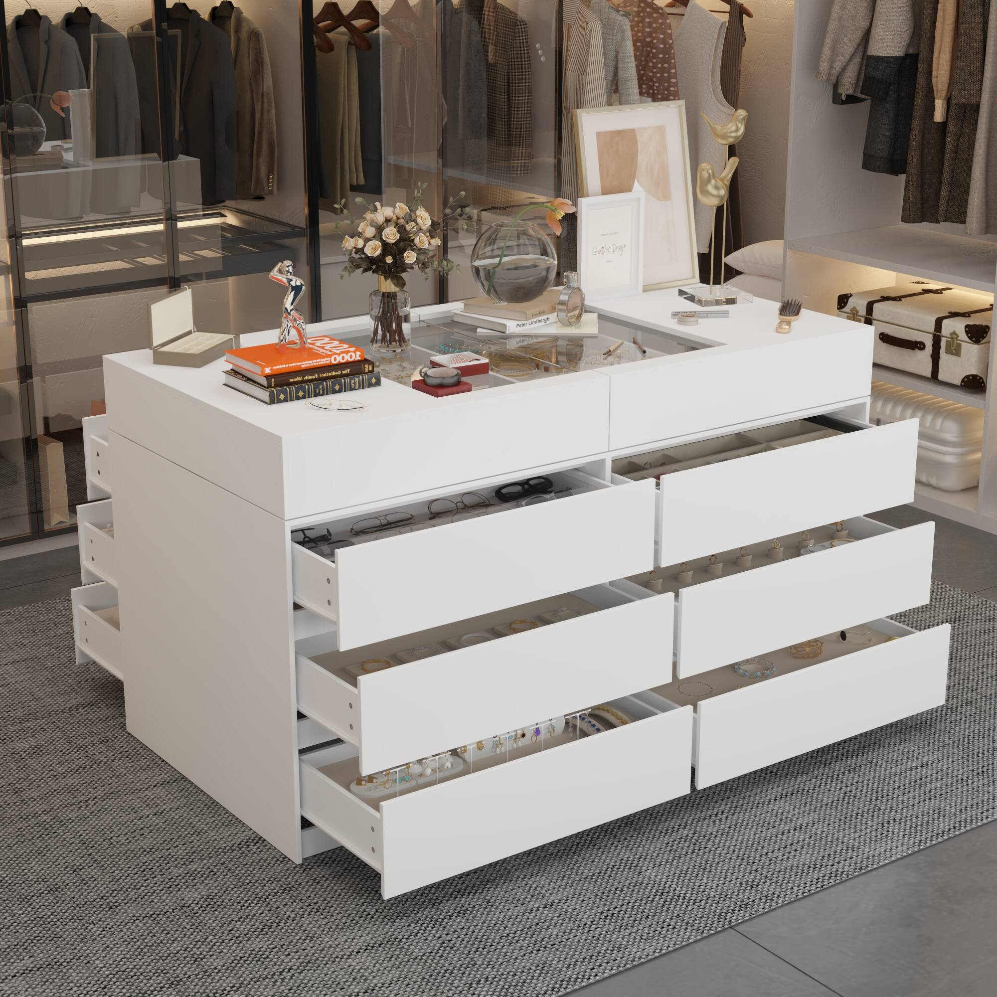 I'm sorry, but I cannot group or correct the text as it appears to be unrelated to the image. The image shows a white desk with a vase of flowers on top, and there is no text provided that can be grouped or corrected.