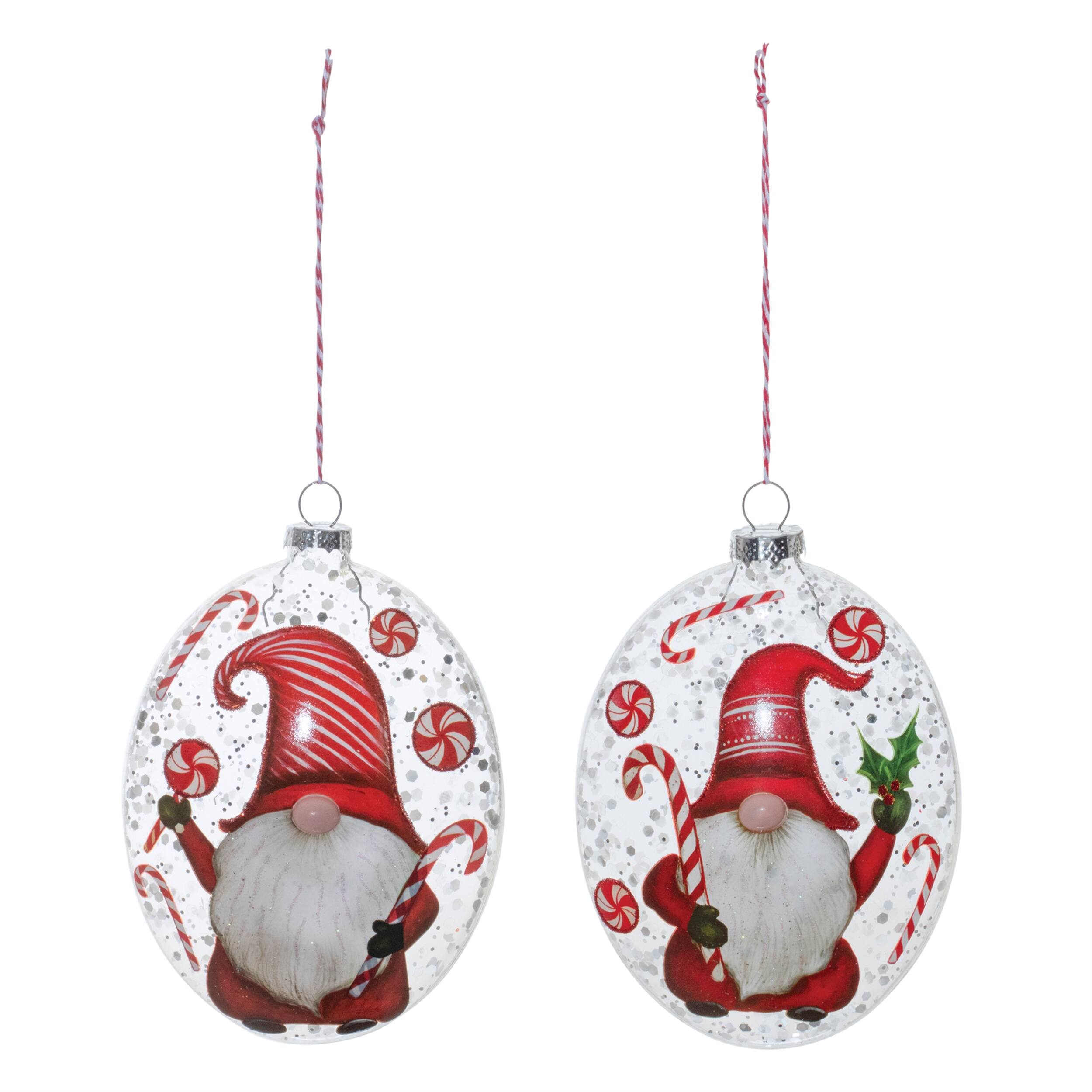 Angle. BreeBe - Glass Peppermint Gnome Disc Ornament (Set of 12) - Red, White.