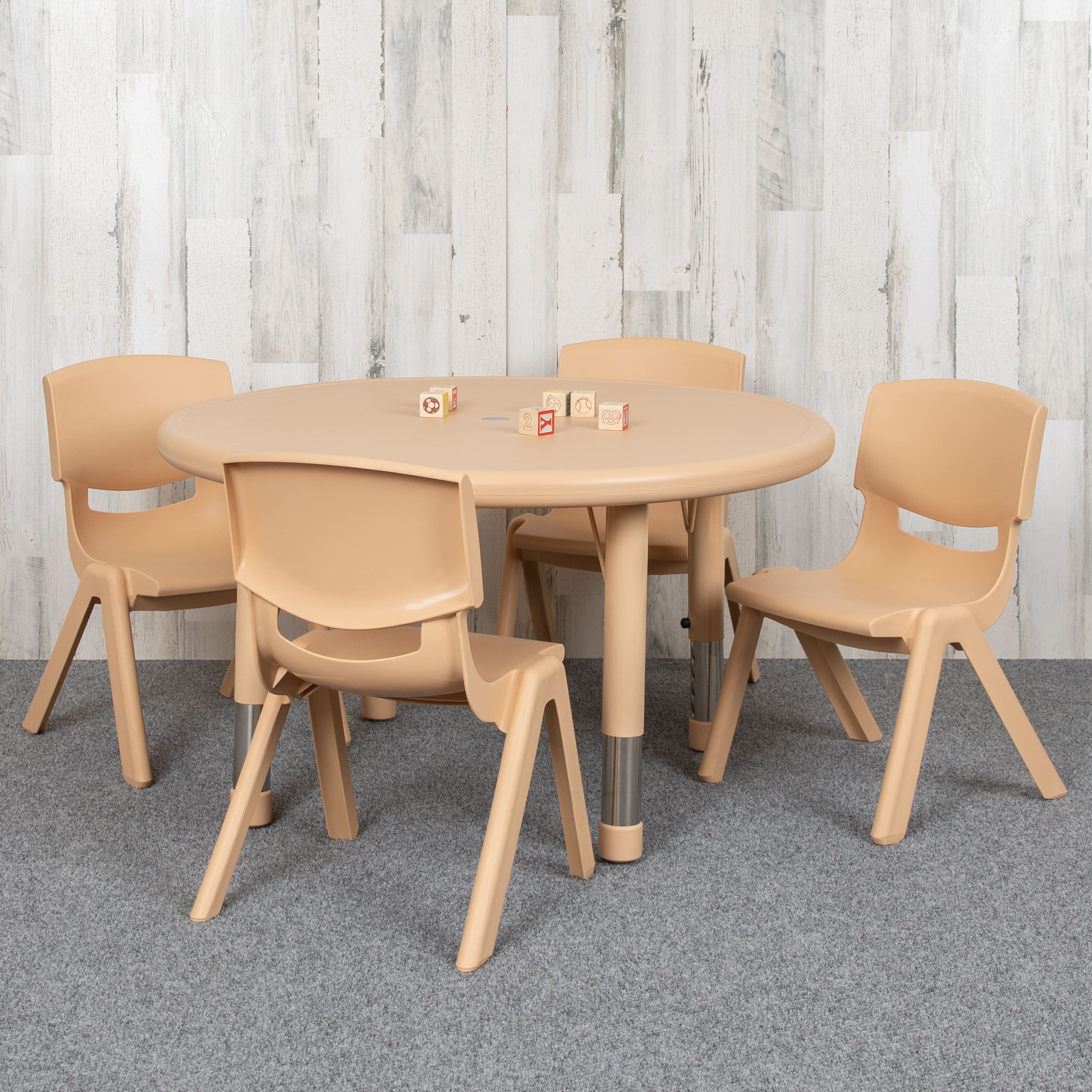 "Emma + Oliver - 33"" Round Plastic Height Adjustable Activity Table Set with 4 Chairs - Natural" price history on PriceWatchPro