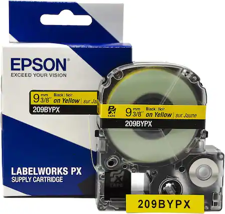 EPSON
EXCEED YOUR VISION
9 mm 3/8" Black | Noir on Yellow | sur Jaune
209BYPX
LABELWORKS PX
SUPPLY CARTRIDGE
9 mm 3/8" Black | Noir on Yellow | sur Jaune
209BYPX
