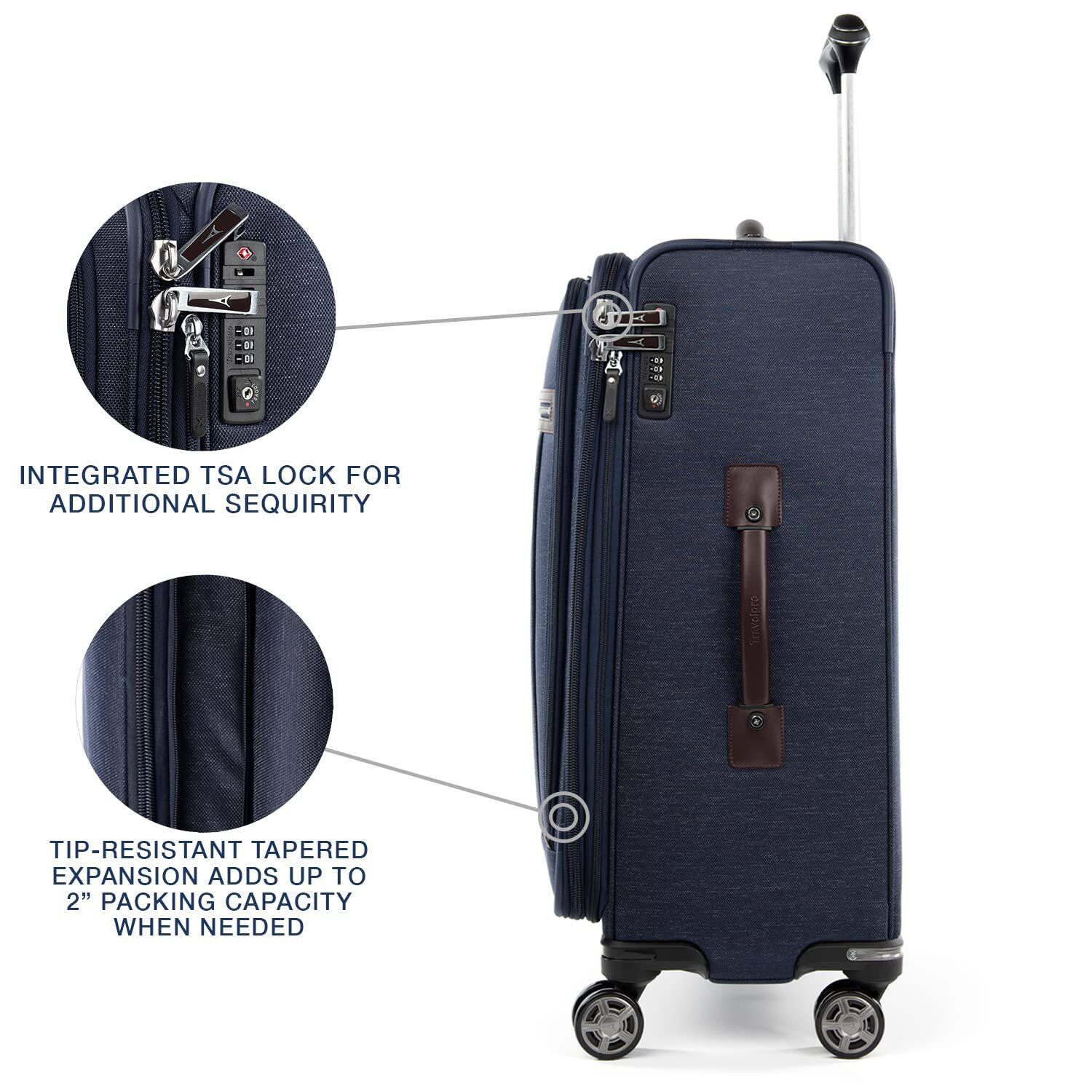 A - INTEGRATED TSA LOCK FOR ADDITIONAL SECURITY

TIP-RESISTANT TAPERED EXPANSION ADDS UP TO 2" PACKING CAPACITY WHEN NEEDED