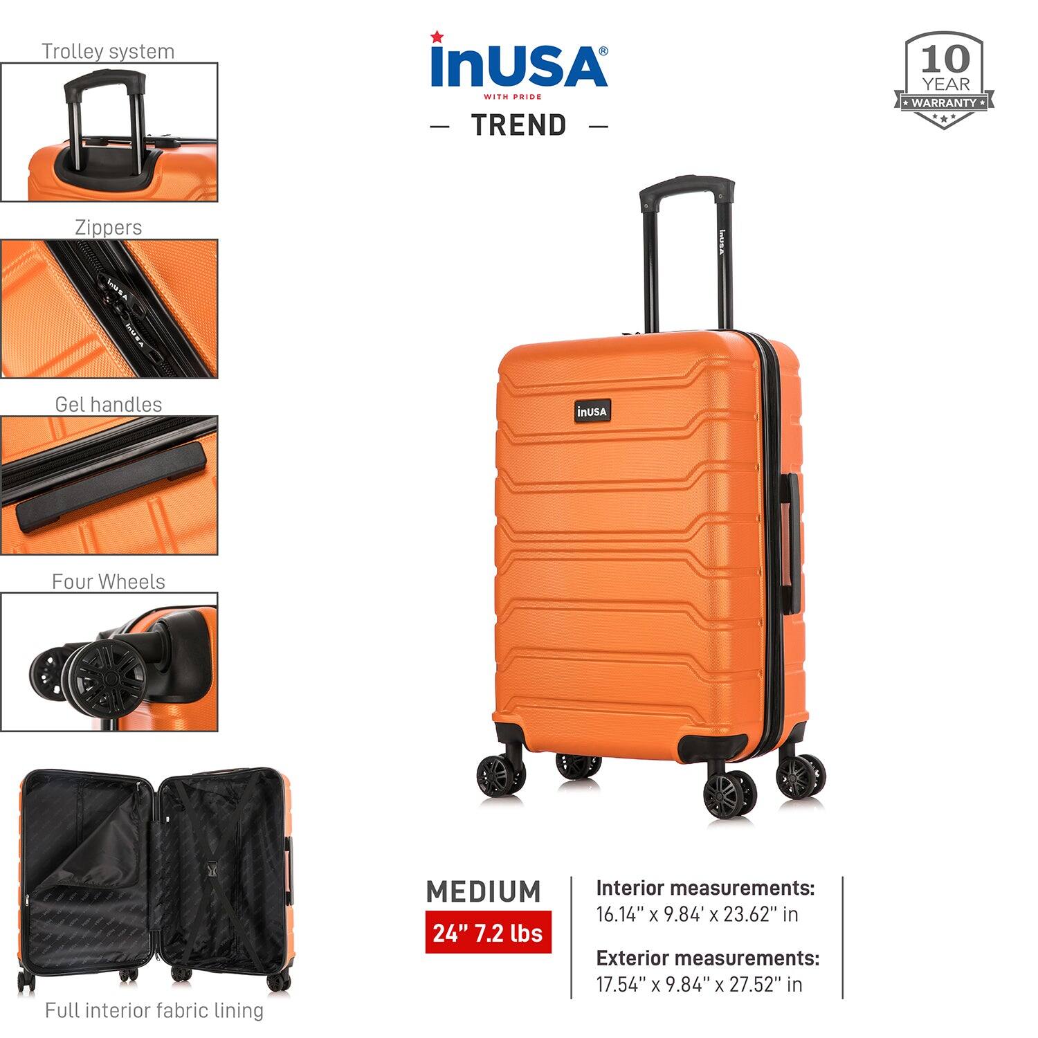 - Trolley system
- Zippers
- Gel handles
- Four Wheels
- Full interior fabric lining

MEDIUM 24" 7.2 lbs

Interior measurements: 16.14" x 9.84" x 23.62" in
Exterior measurements: 17.54" x 9.84" x 27.52" in

10 YEAR WARRANTY