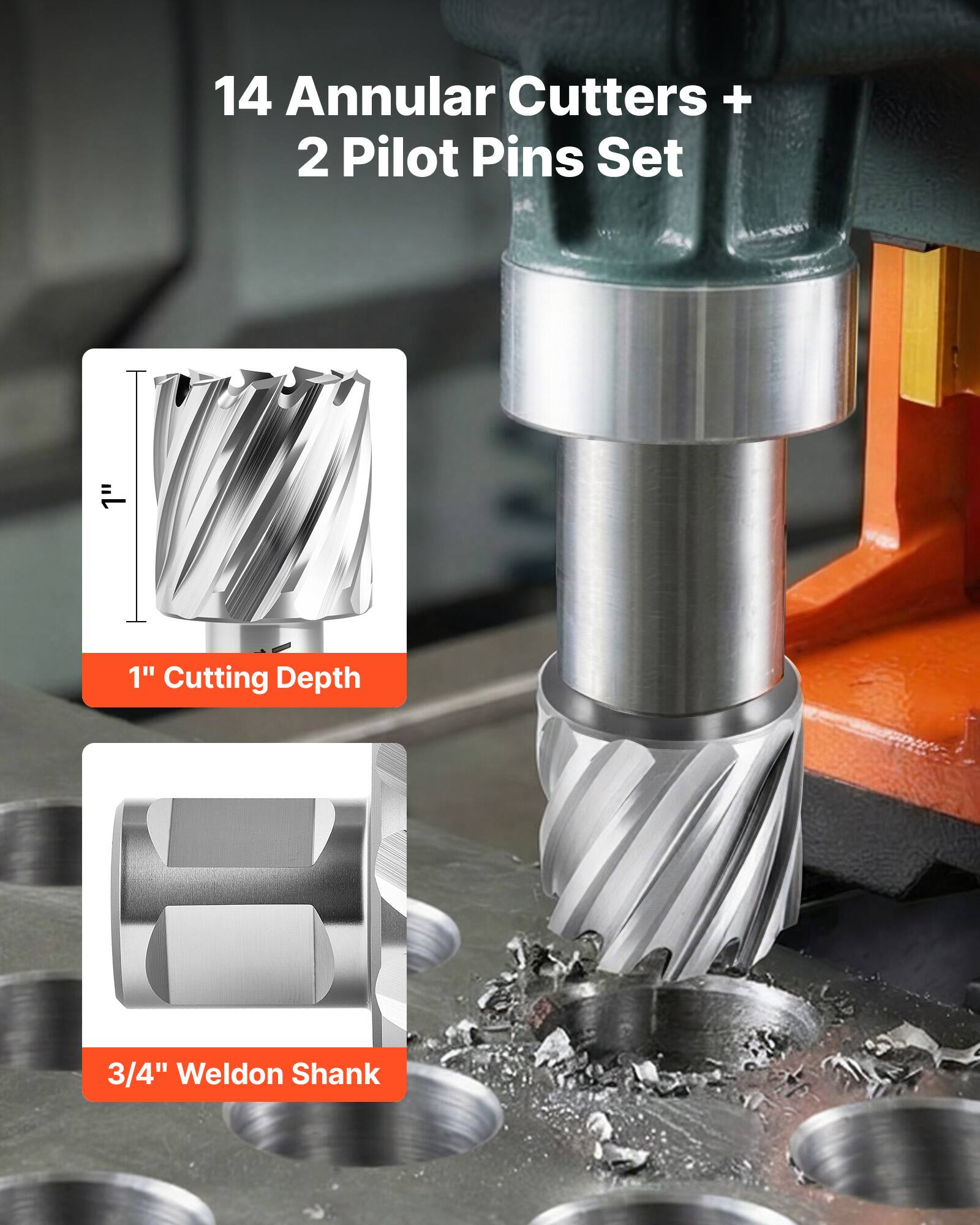 14 Annular Cutters + 2 Pilot Pins Set  
1" Cutting Depth  
3/4" Weldon Shank