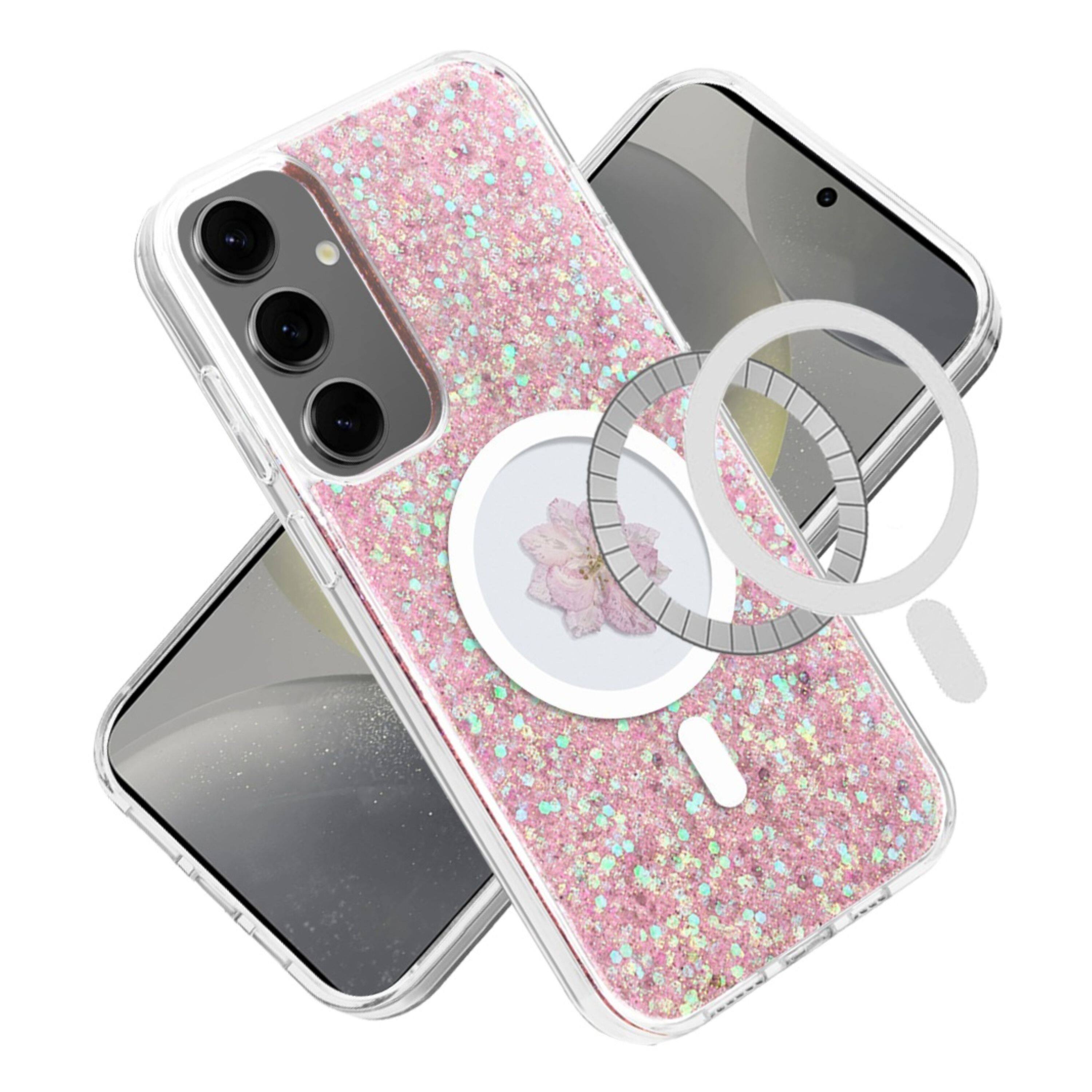 Angle. Kitcheniva - Epoxy Flower Glitter Design Magnetic Charging Phone Case For Samsung Galaxy S24+ Plus Rose Gold - Rose Gold.