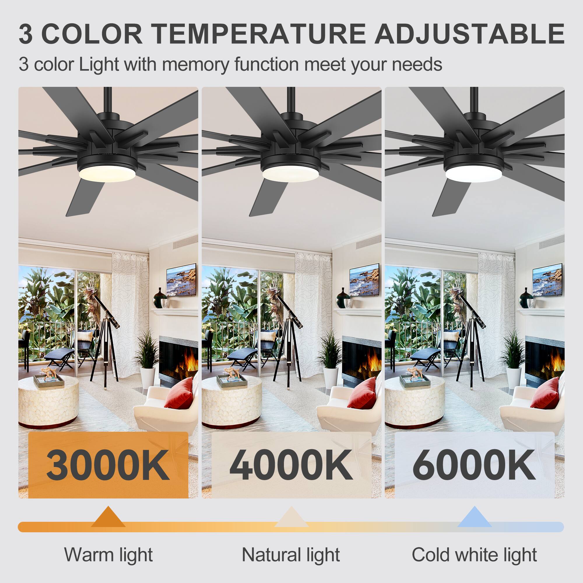 3 COLOR TEMPERATURE ADJUSTABLE  
3 color Light with memory function meet your needs  

3000K Warm light  
4000K Natural light  
6000K Cold white light
