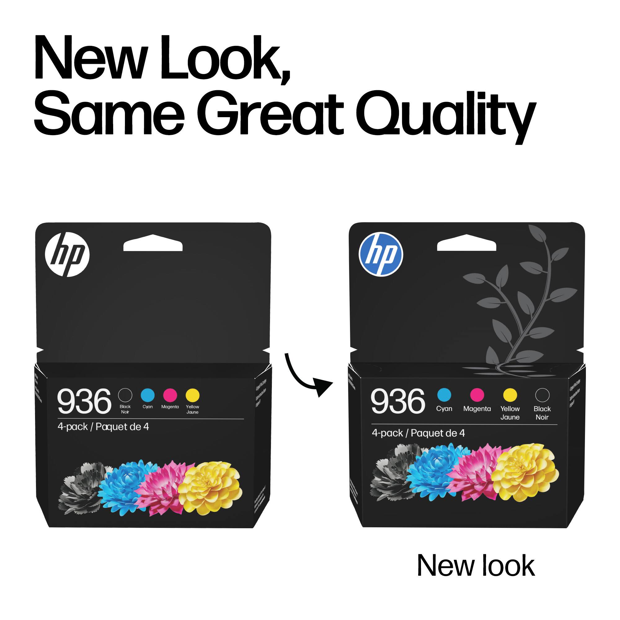 New Look, Same Great Quality

hp 936 4-pack / Paquet de 4  
Cyan Magenta Yellow Jaune  
Black Noir

New look